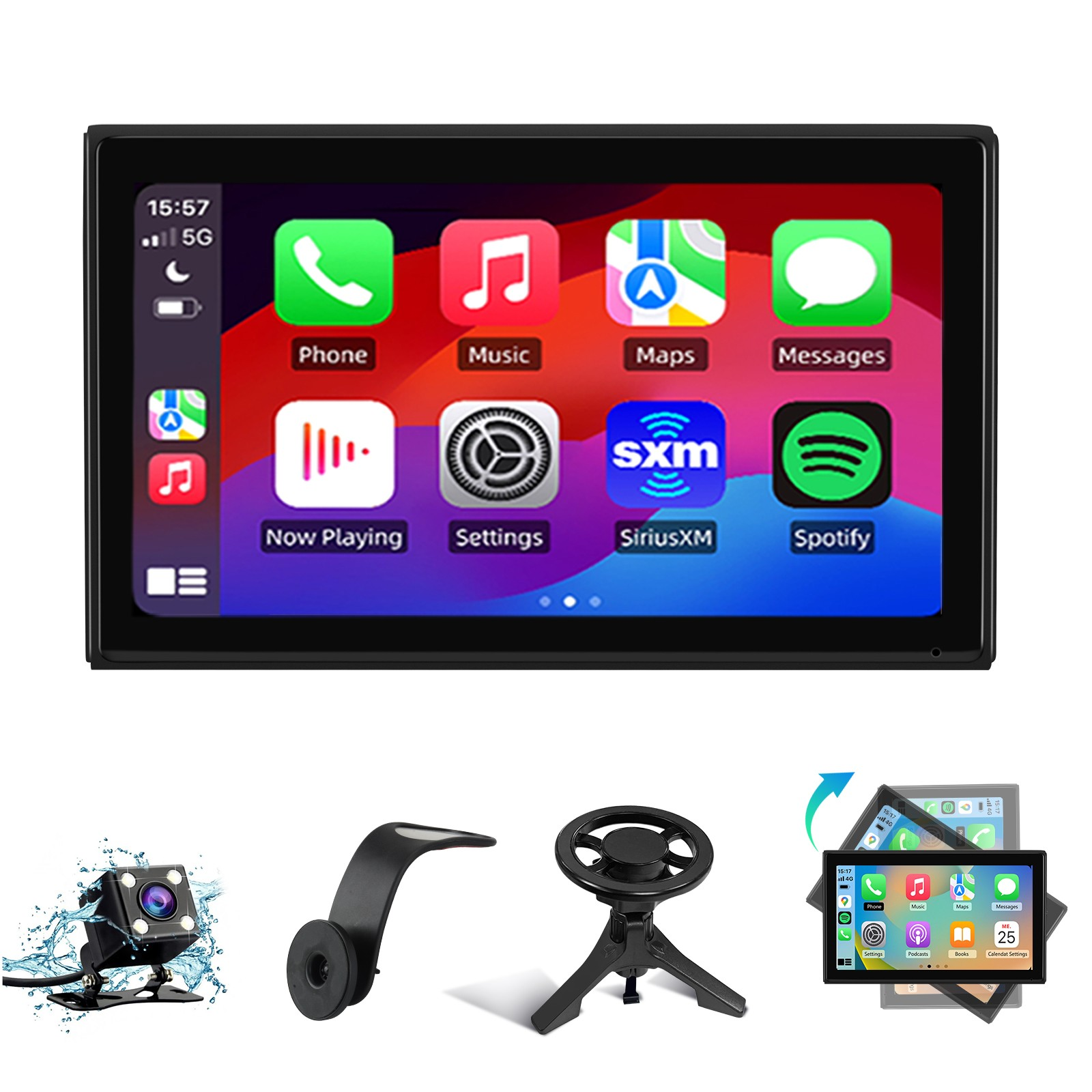 Touchscreen auto mostra icone app. Telecamera posteriore e supporti accanto.