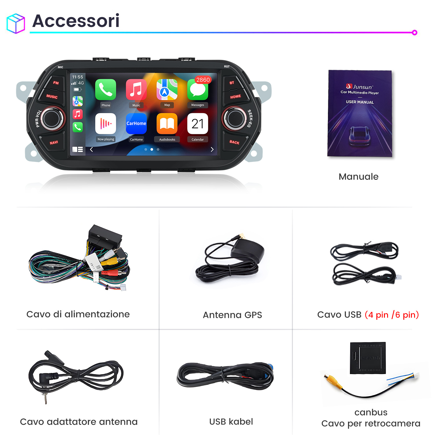 Accessori auto: autoradio, manuale, cavi e adattatore antenna.