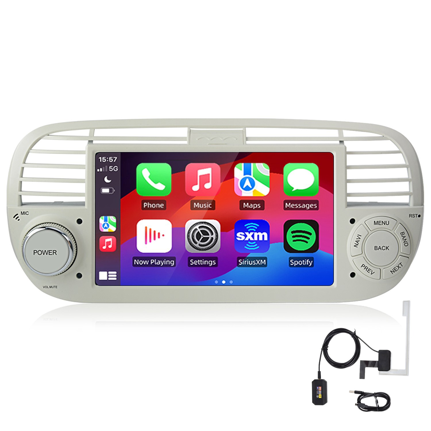 Un autoradio bianco con touchscreen che mostra Apple CarPlay. Sono mostrati accessori.