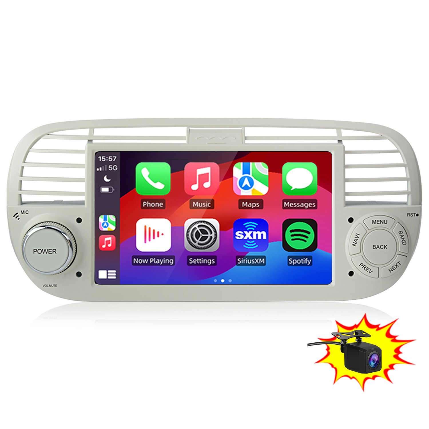 Un autoradio touchscreen mostra app per smartphone. Una dashcam è sulla destra.