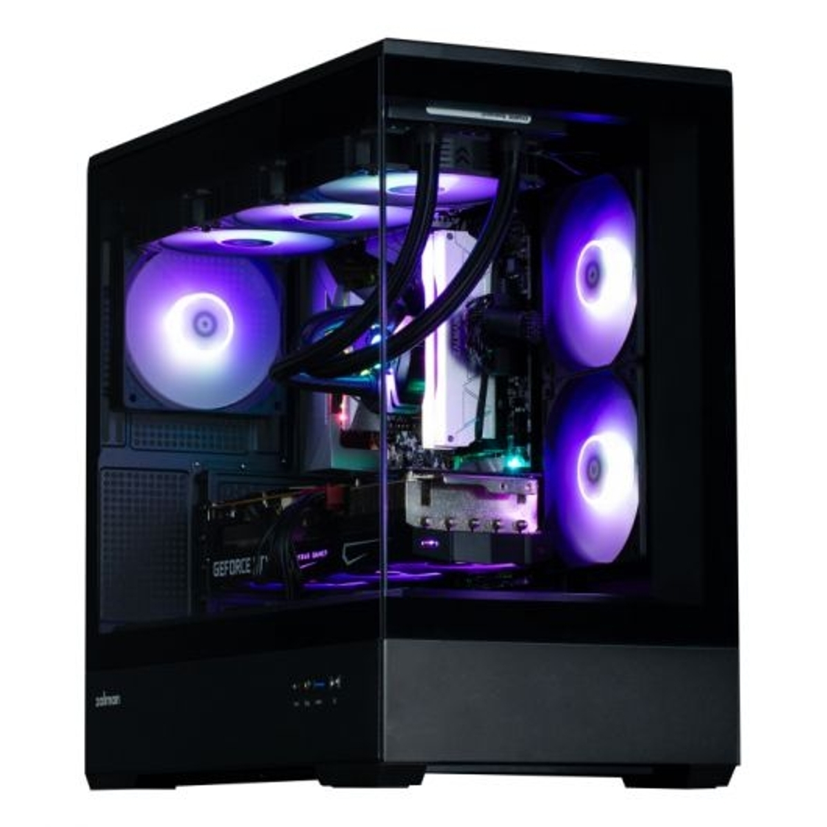Un case PC con ventole e componenti illuminati visibili.