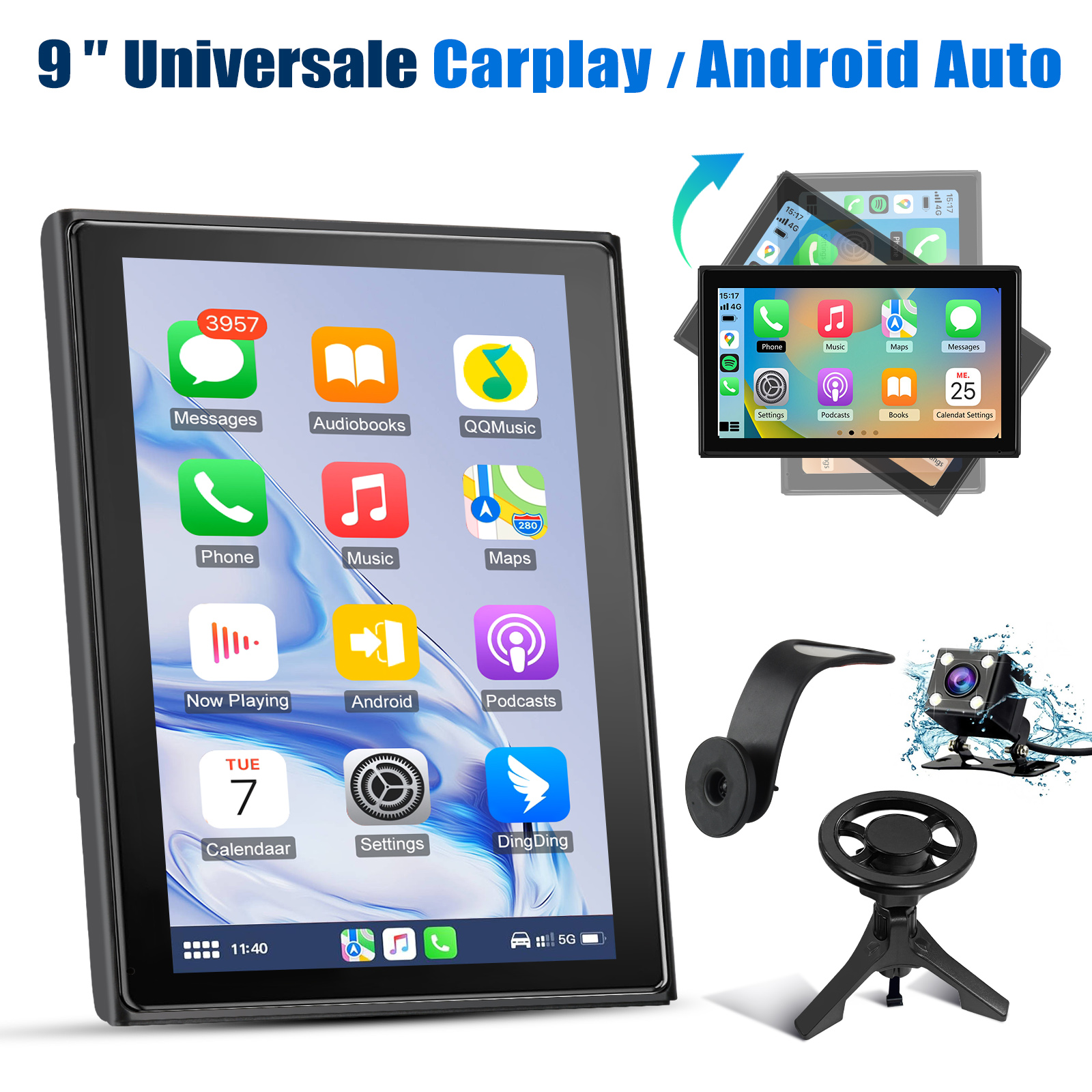 Display da 9 pollici con CarPlay/Android Auto, telecamera e supporto.