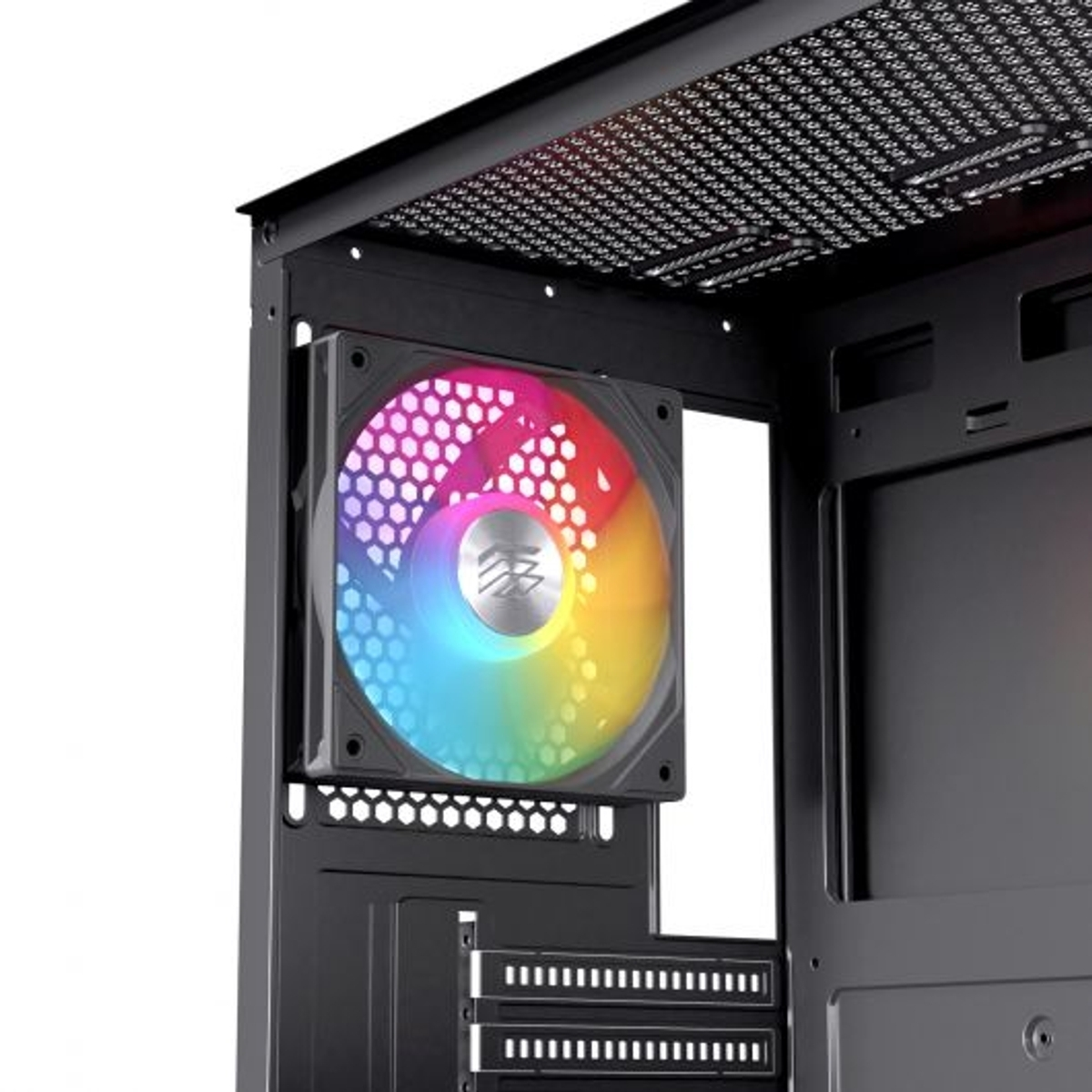 Una ventola PC RGB illuminata è montata all'interno di un case per computer nero.