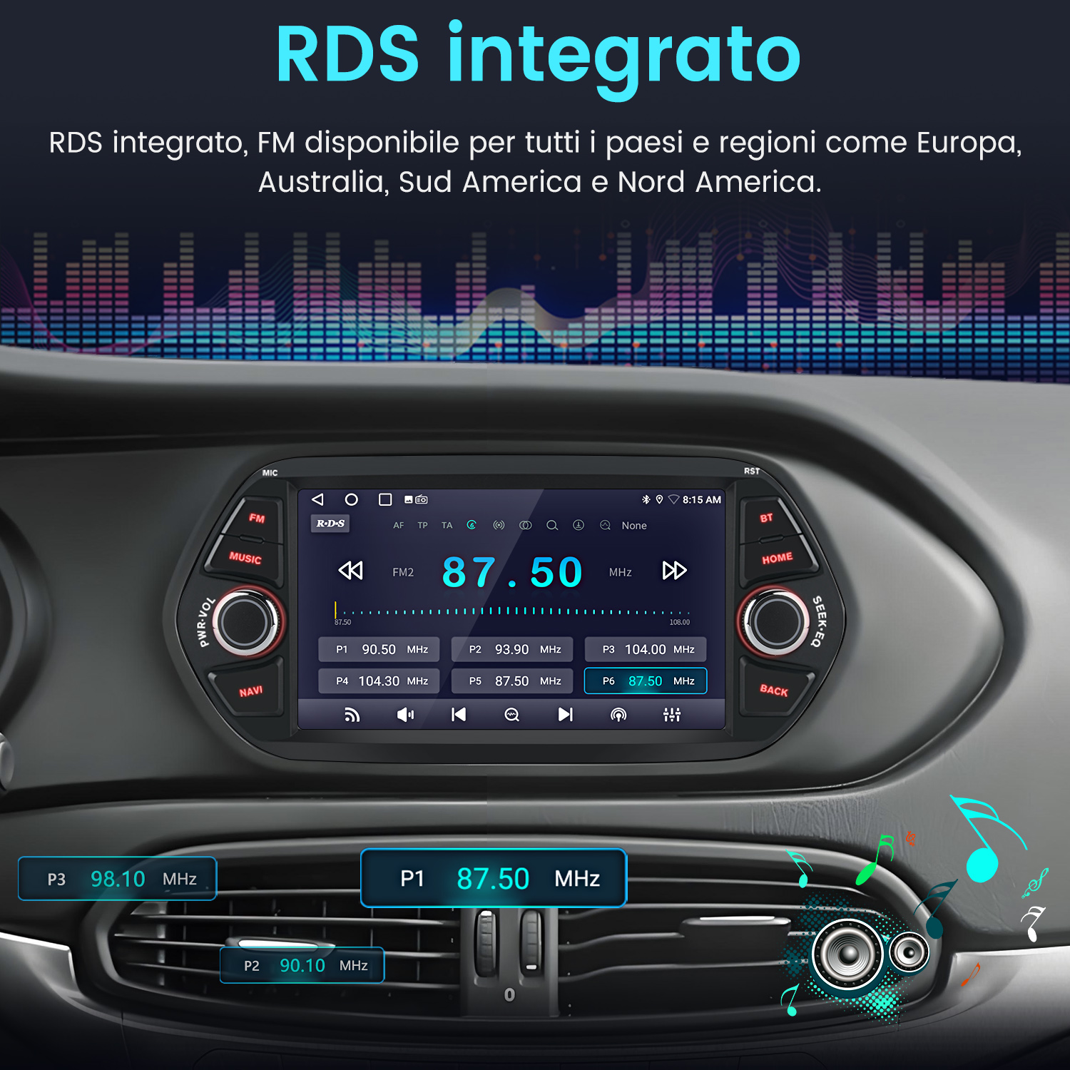 Il display di una radio per auto mostra frequenze FM e informazioni stazioni.