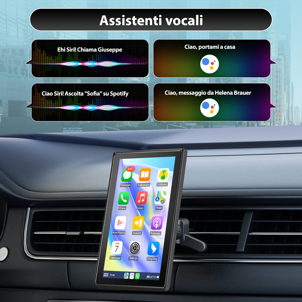 Uno schermo di smartphone in auto mostra comandi vocali e icone di app.