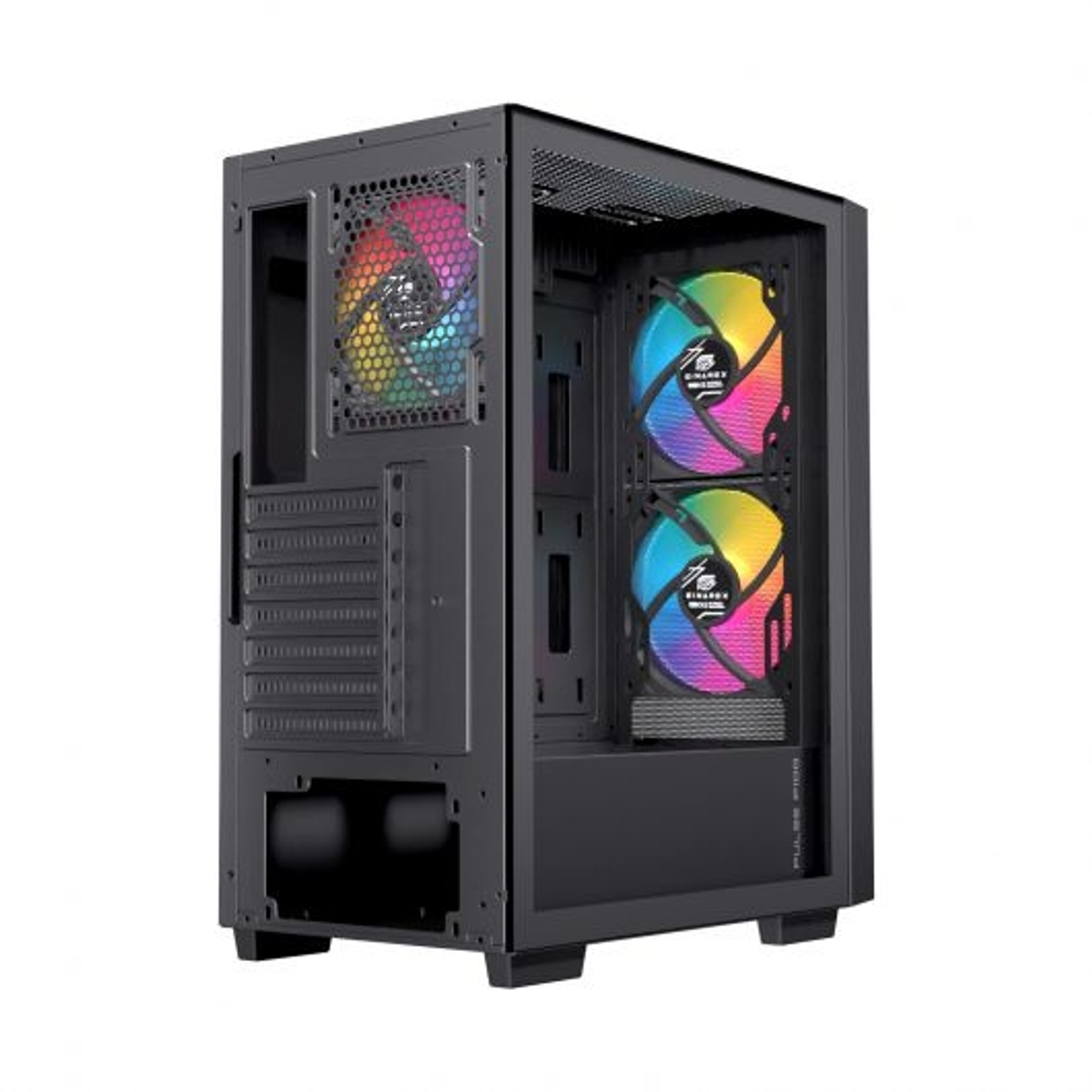 Un case per PC nero con ventole colorate e pannello frontale in vetro.