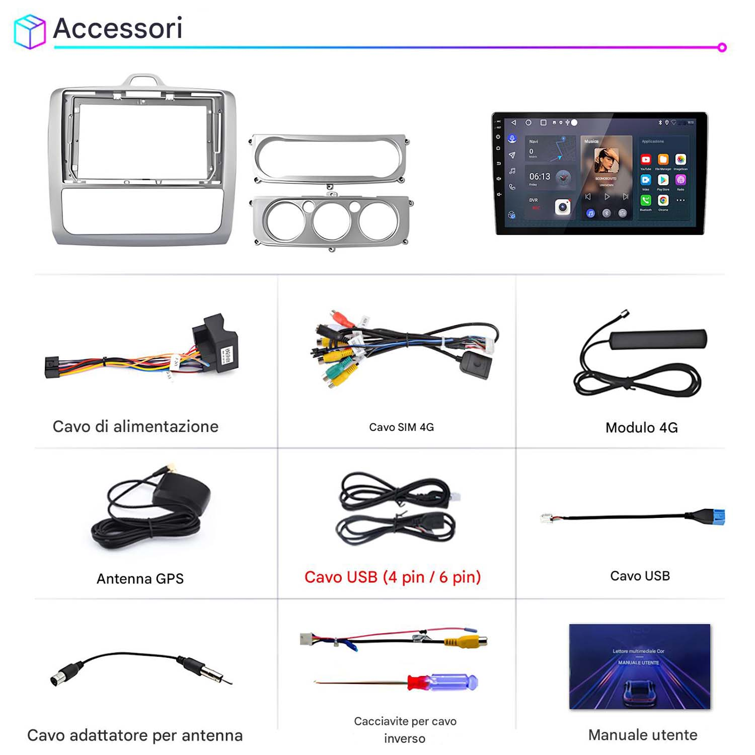 Accessori: Kit cruscotto, schermo, cavi, antenne, cacciavite e manuale.