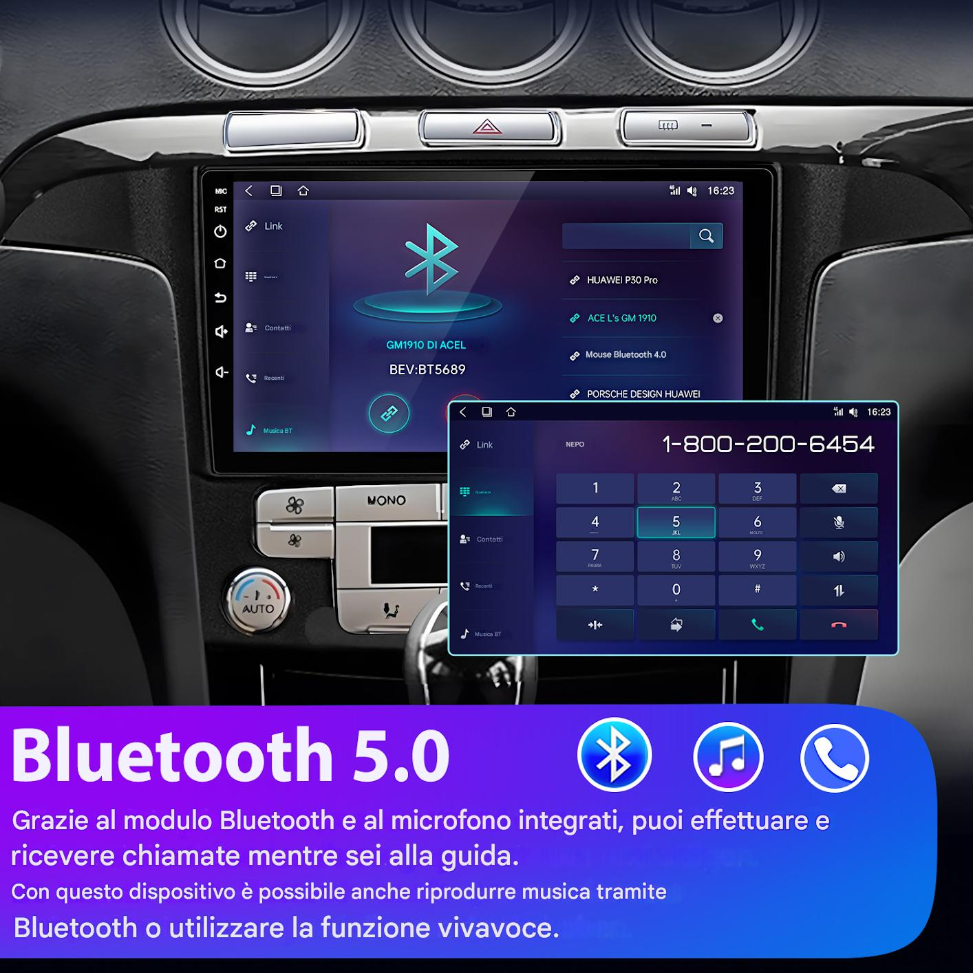 Schermo infotainment auto mostra menu Bluetooth e tastierino con numero.