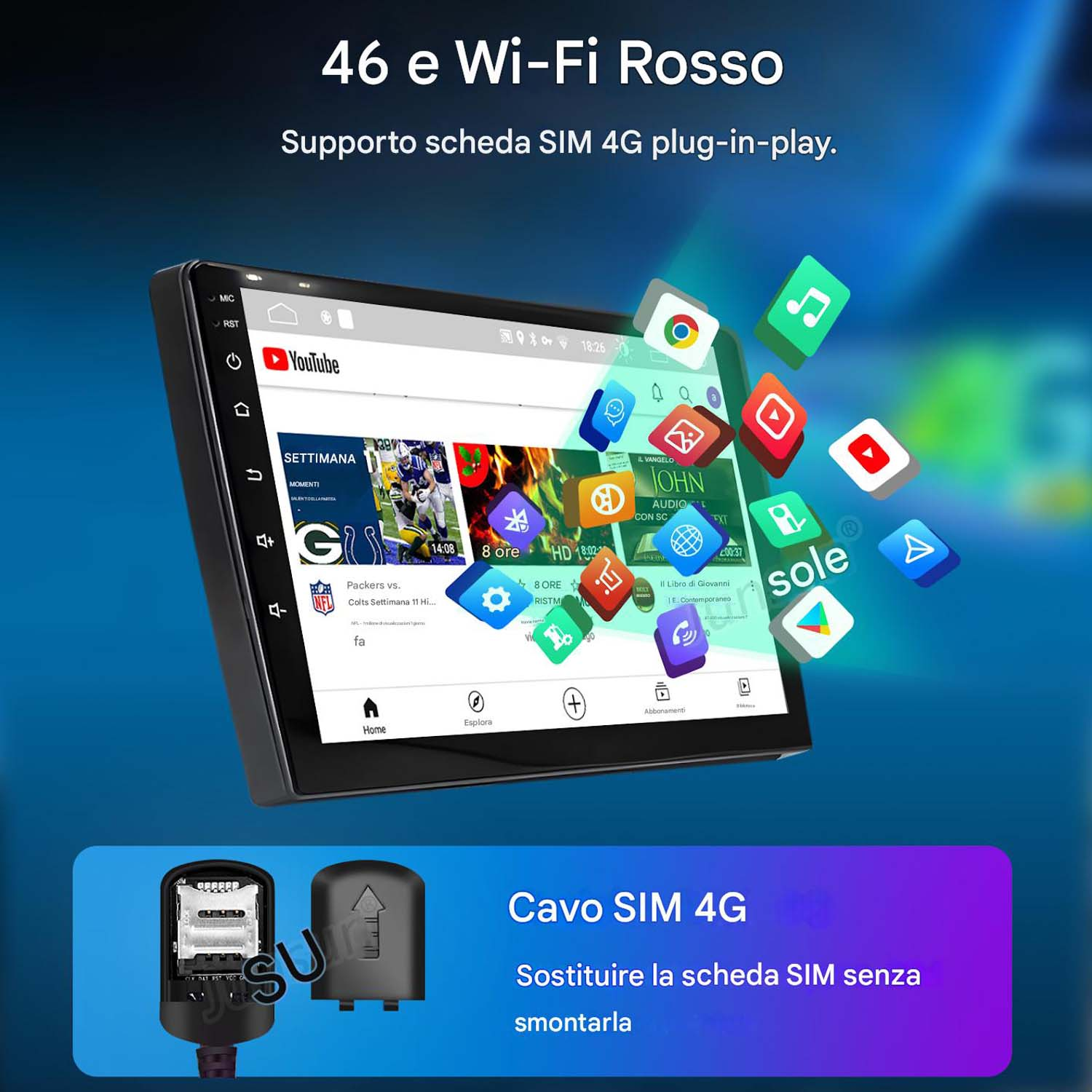 Autoradio con app e adattatore SIM. 46 e Wi-Fi Rosso.