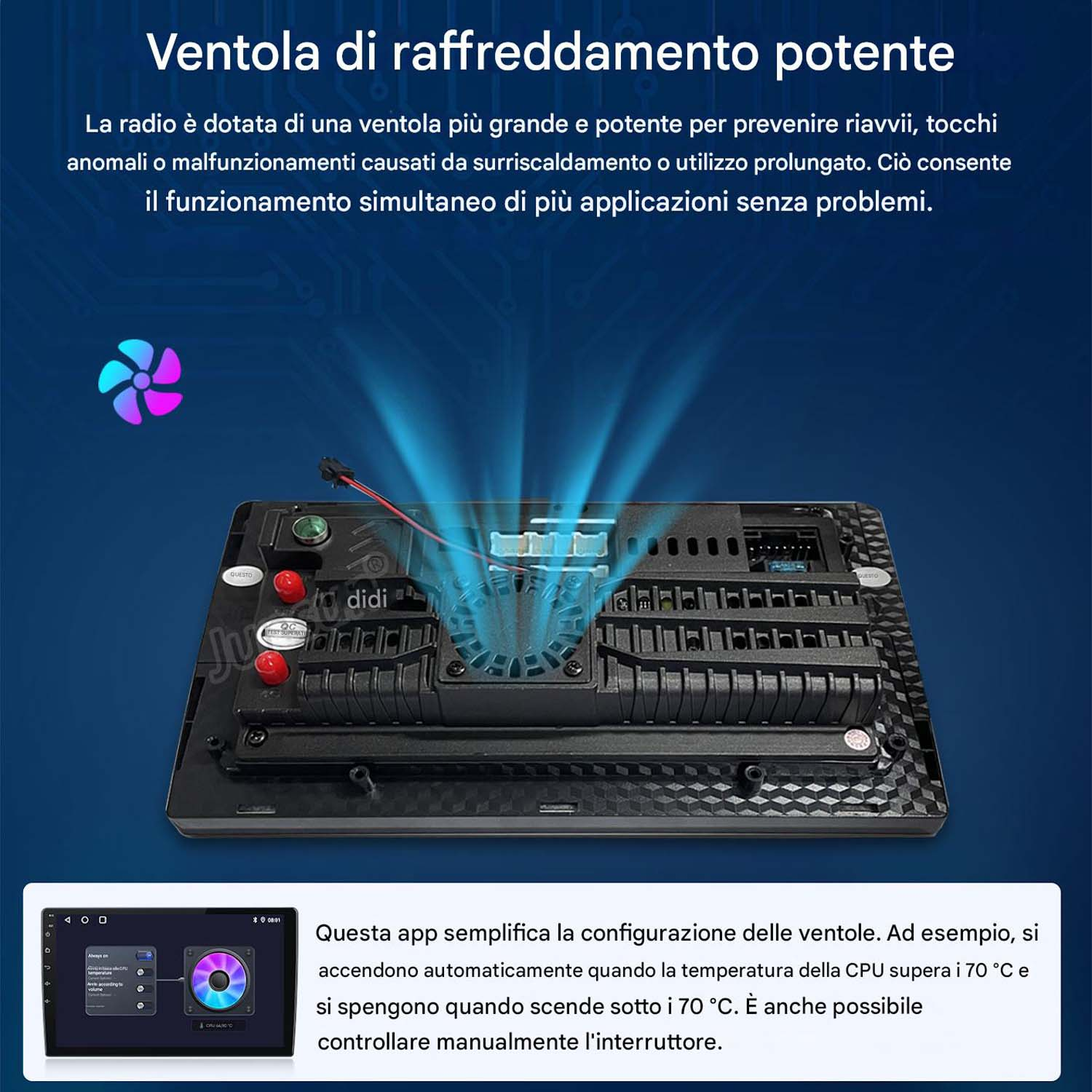 Retro di una autoradio con ventola di raffreddamento. Uno schermo mostra un'app.