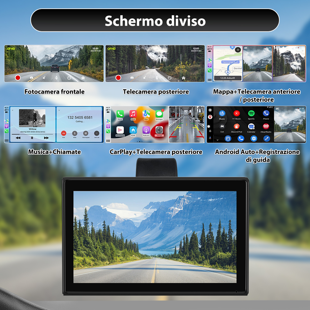 Schermo diviso: fotocamera frontale, posteriore, mappa, musica, CarPlay, Android Auto.