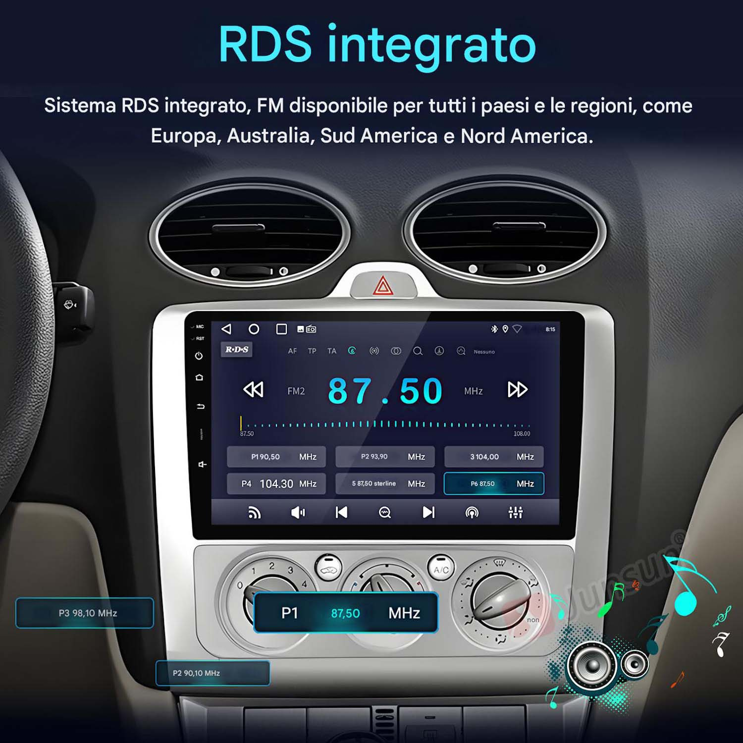 Lo schermo di una radio per auto mostra frequenze FM e controlli.