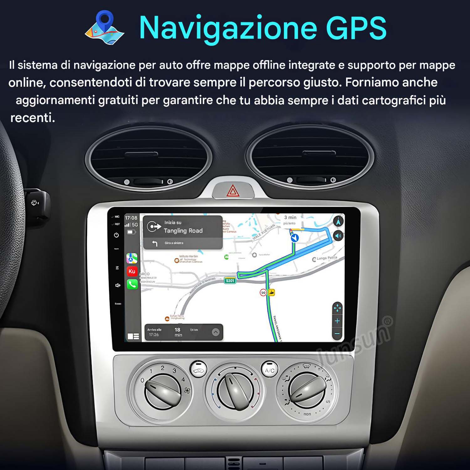 Cruscotto auto con schermo di navigazione GPS che mostra un percorso.