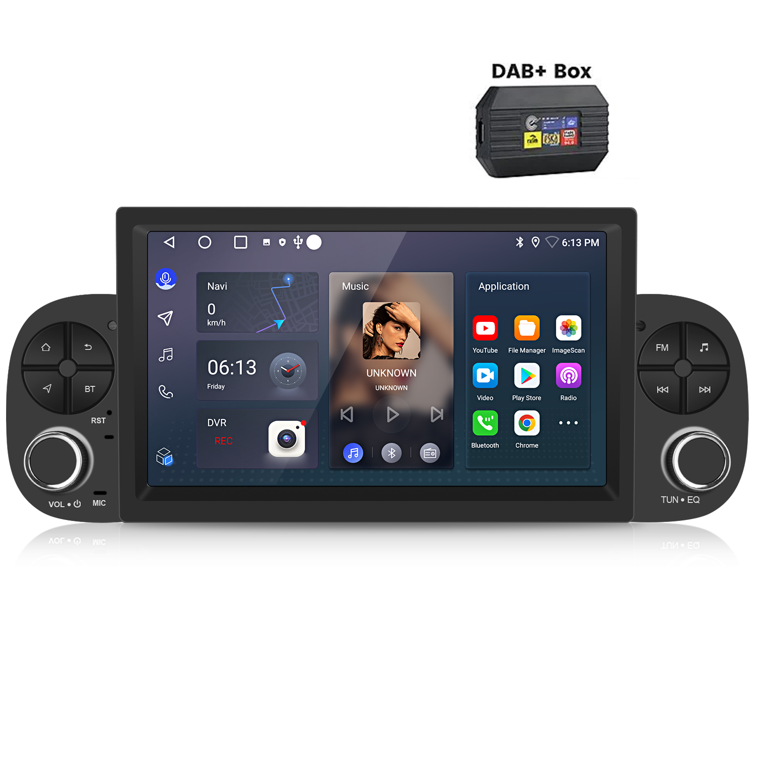 Display autoradio con navigazione, musica e app. Scatola DAB+ in alto.