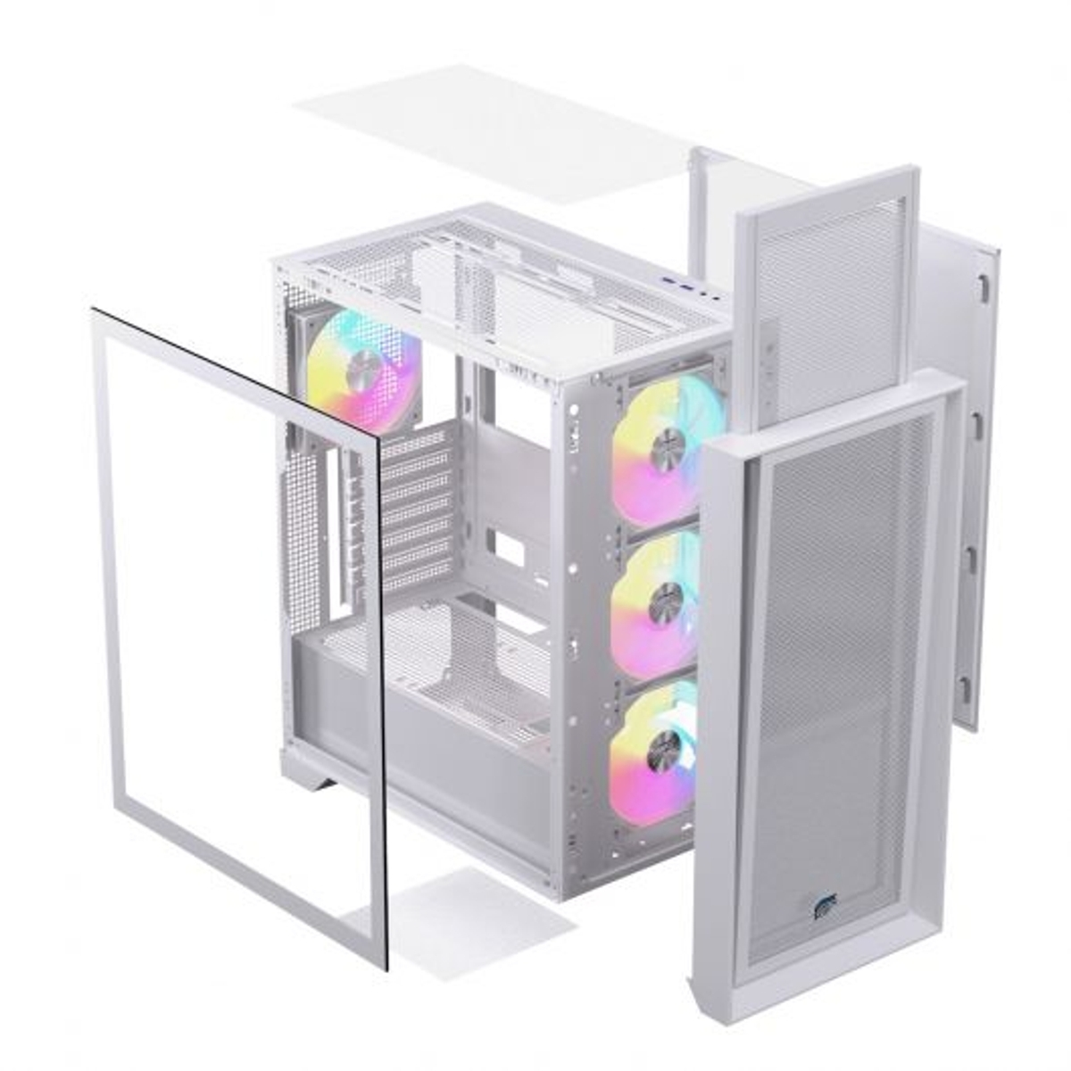 Un case per PC bianco con tre ventole RGB e filtri rimovibili.