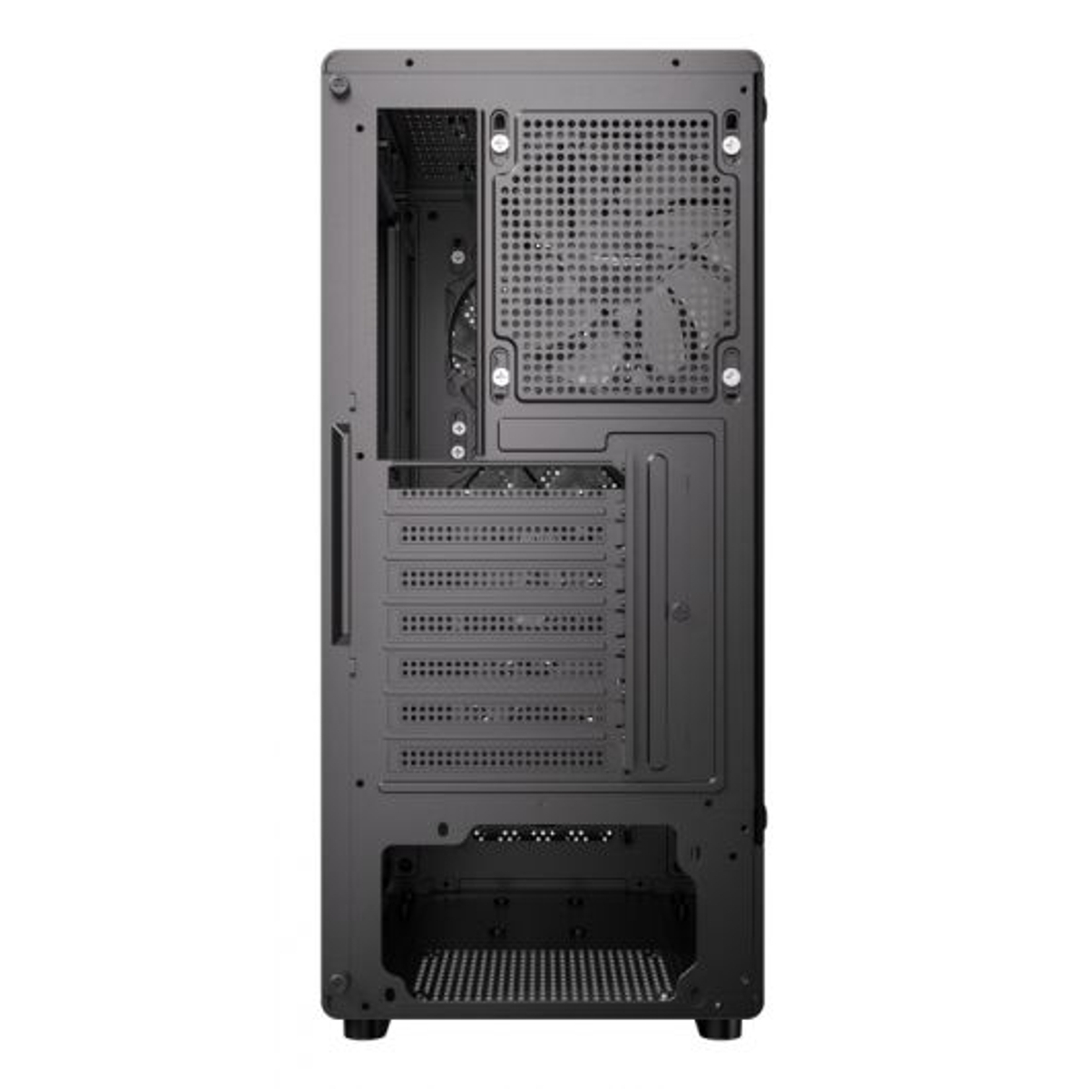 Vista posteriore di un case per computer nero con ventola e slot di espansione.