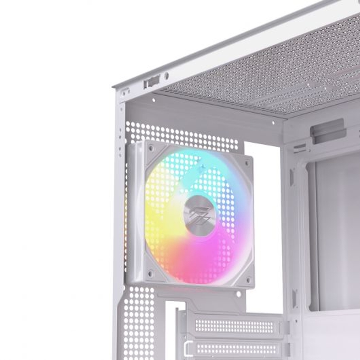 Una ventola PC bianca con LED colorati montata in un case bianco.