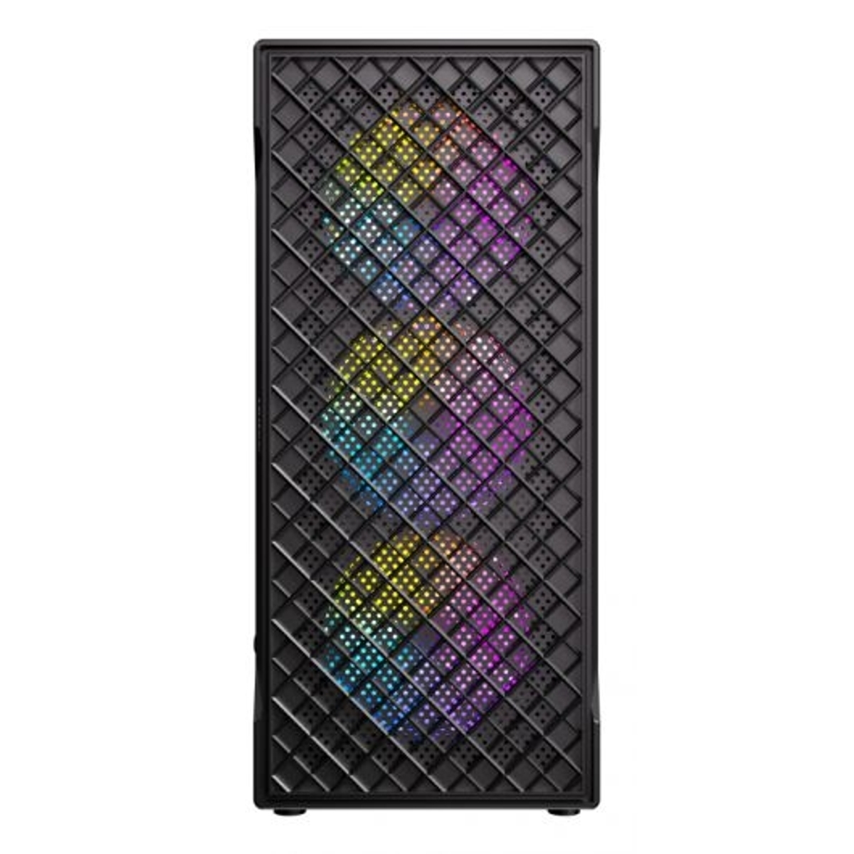 Case del computer nero con griglia diagonale e luci colorate.