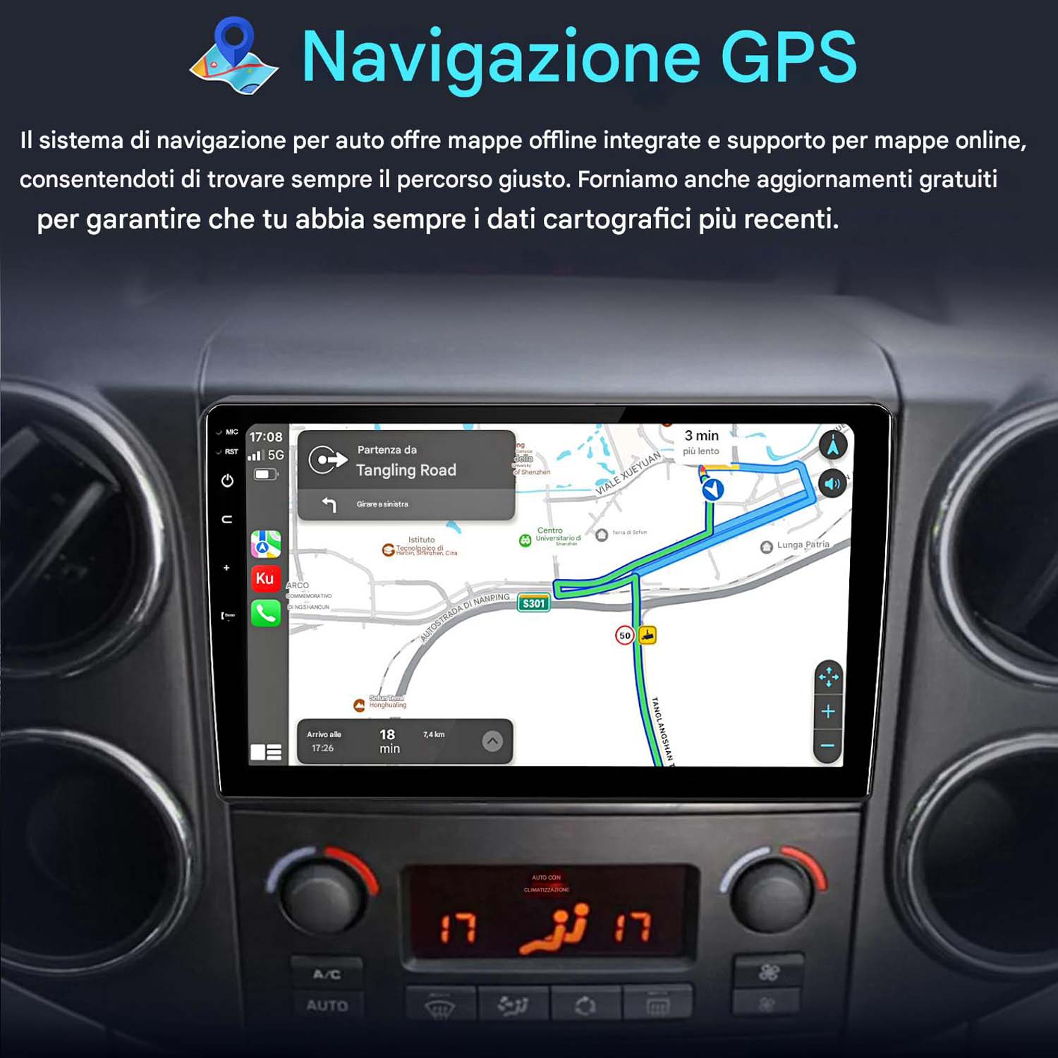 Sistema di navigazione auto con mappa e indicazioni stradali sullo schermo.