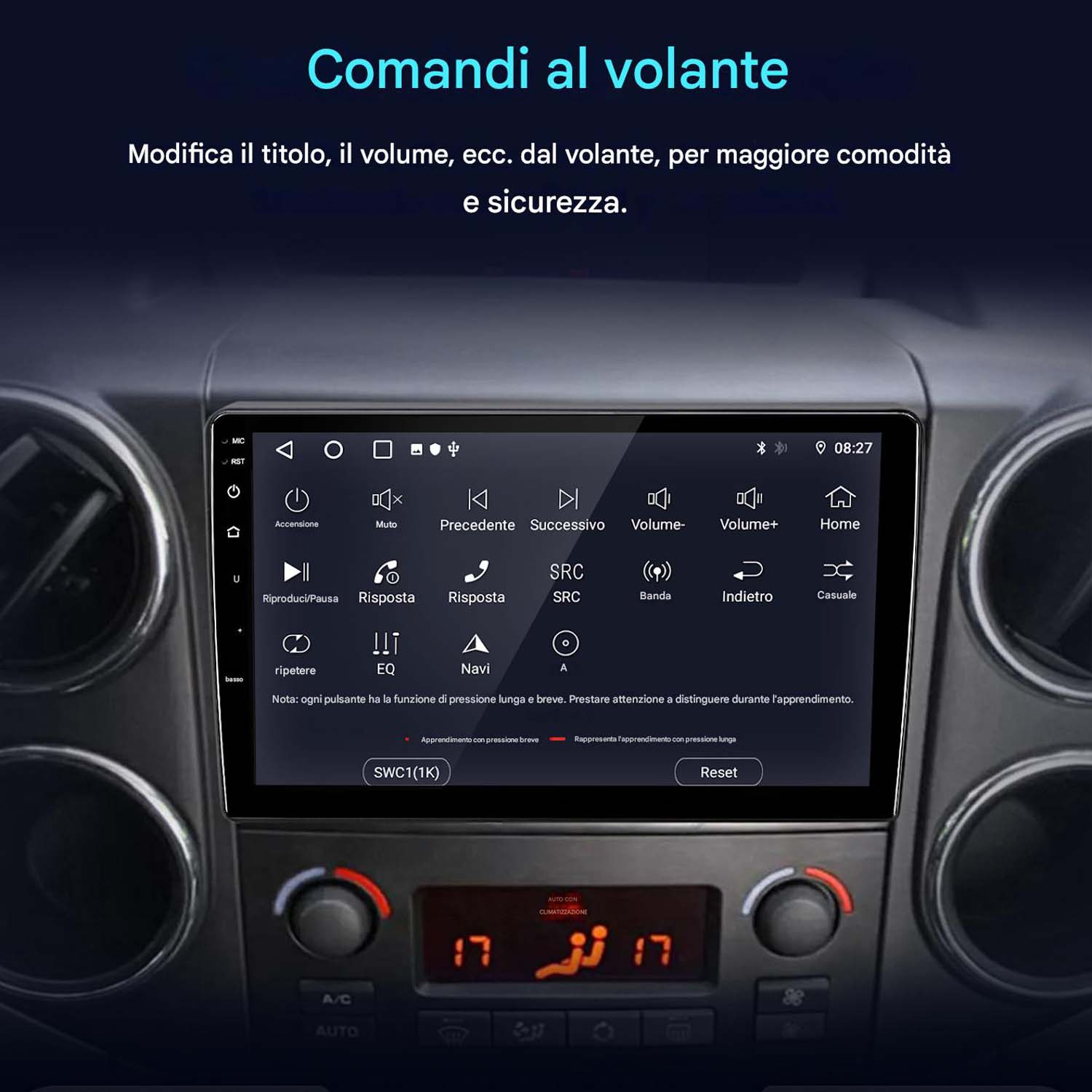 Un sistema di infotainment per auto mostra i comandi al volante con icone.