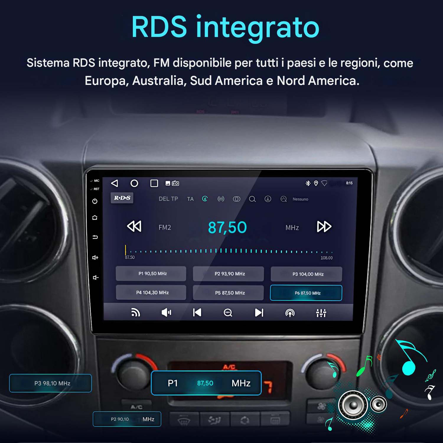 Schermo autoradio mostra FM2 87,50 MHz con preset e controlli climatici.