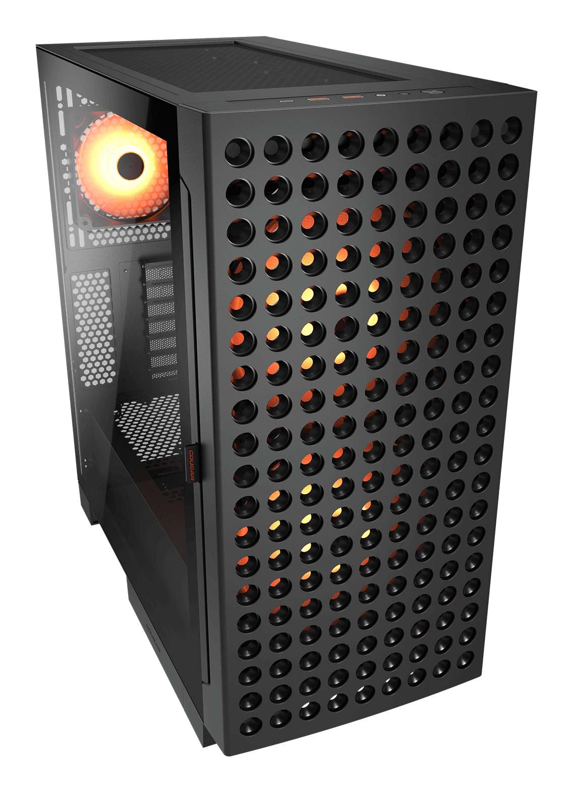 Schwarzes Computergehäuse mit Lochmusterfront und beleuchtetem Lüfter.