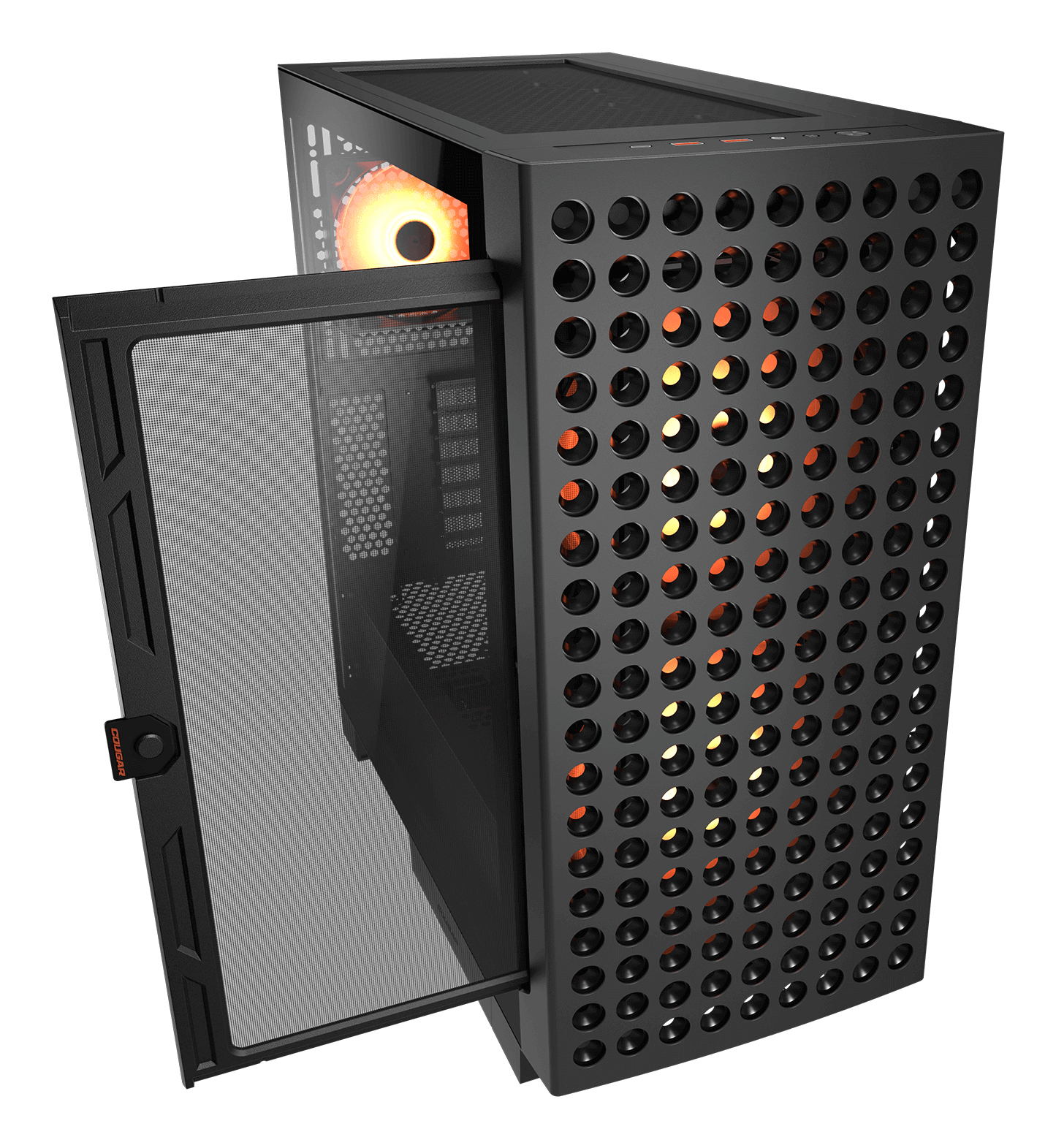 Schwarzes Computergehäuse mit Lüfter und geöffneter Mesh-Tür.