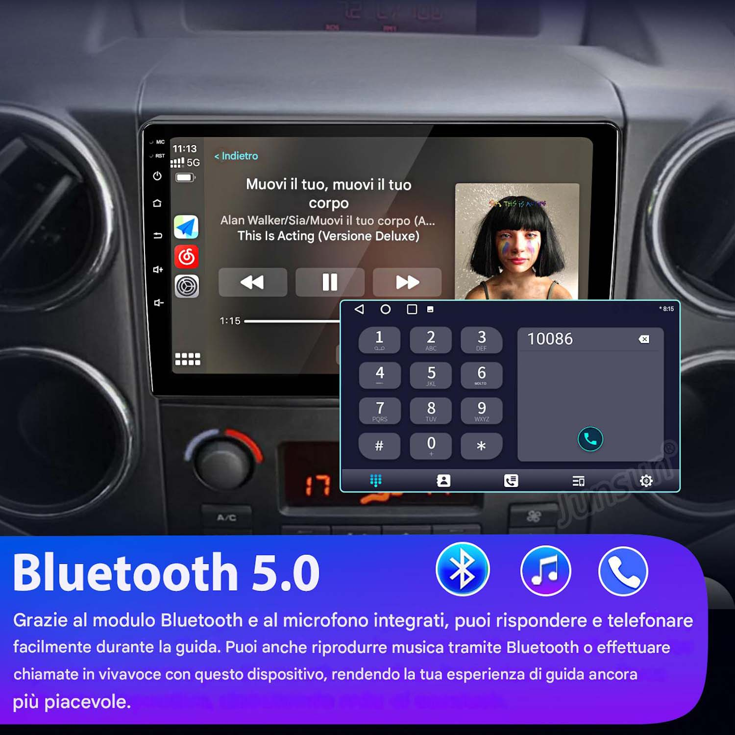 Schermo autoradio con musica. Testo 'Bluetooth 5.0' in basso.