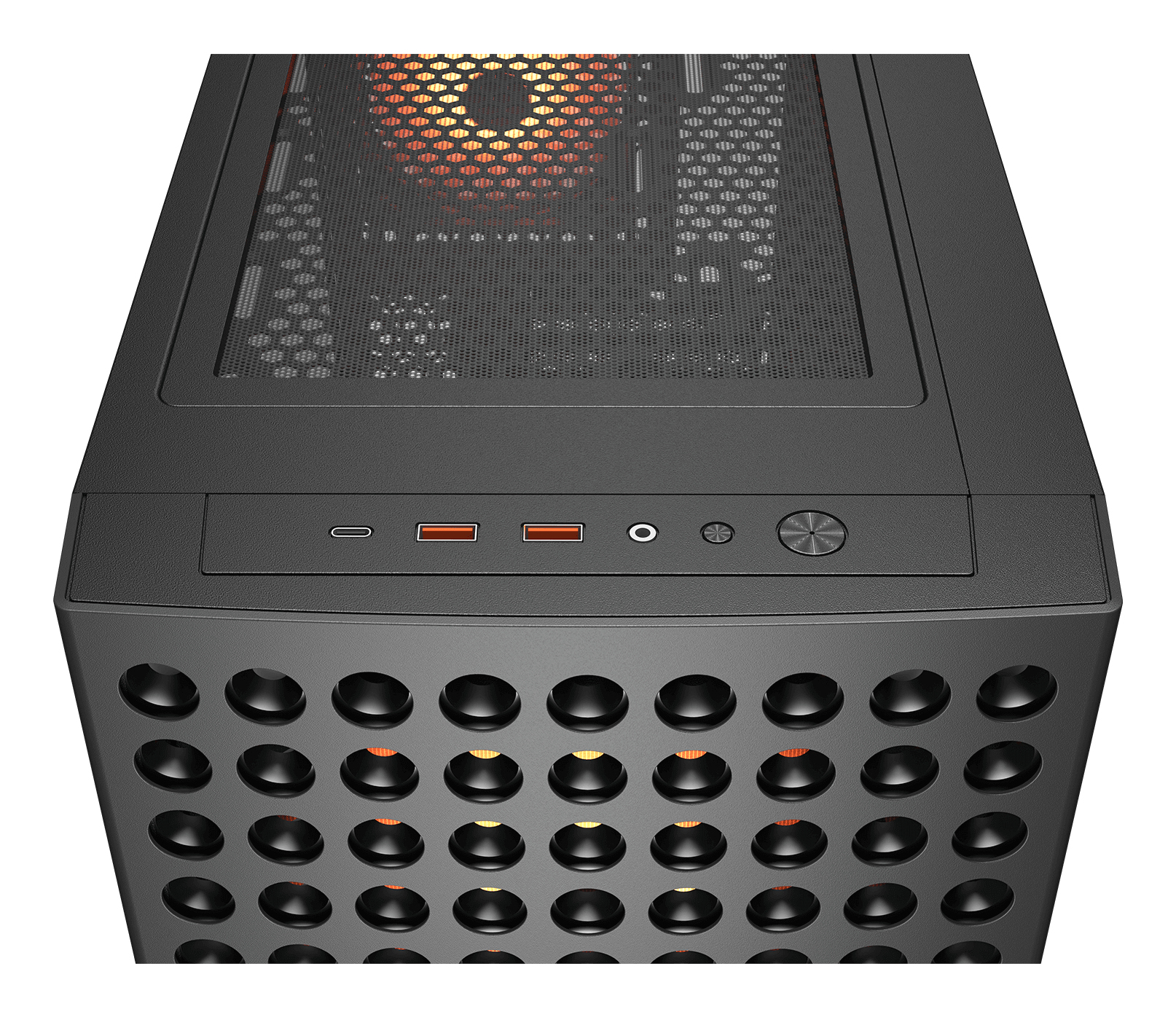 Schwarzes PC-Gehäuse mit Lufteinlassöffnungen und beleuchteten Lüftern.