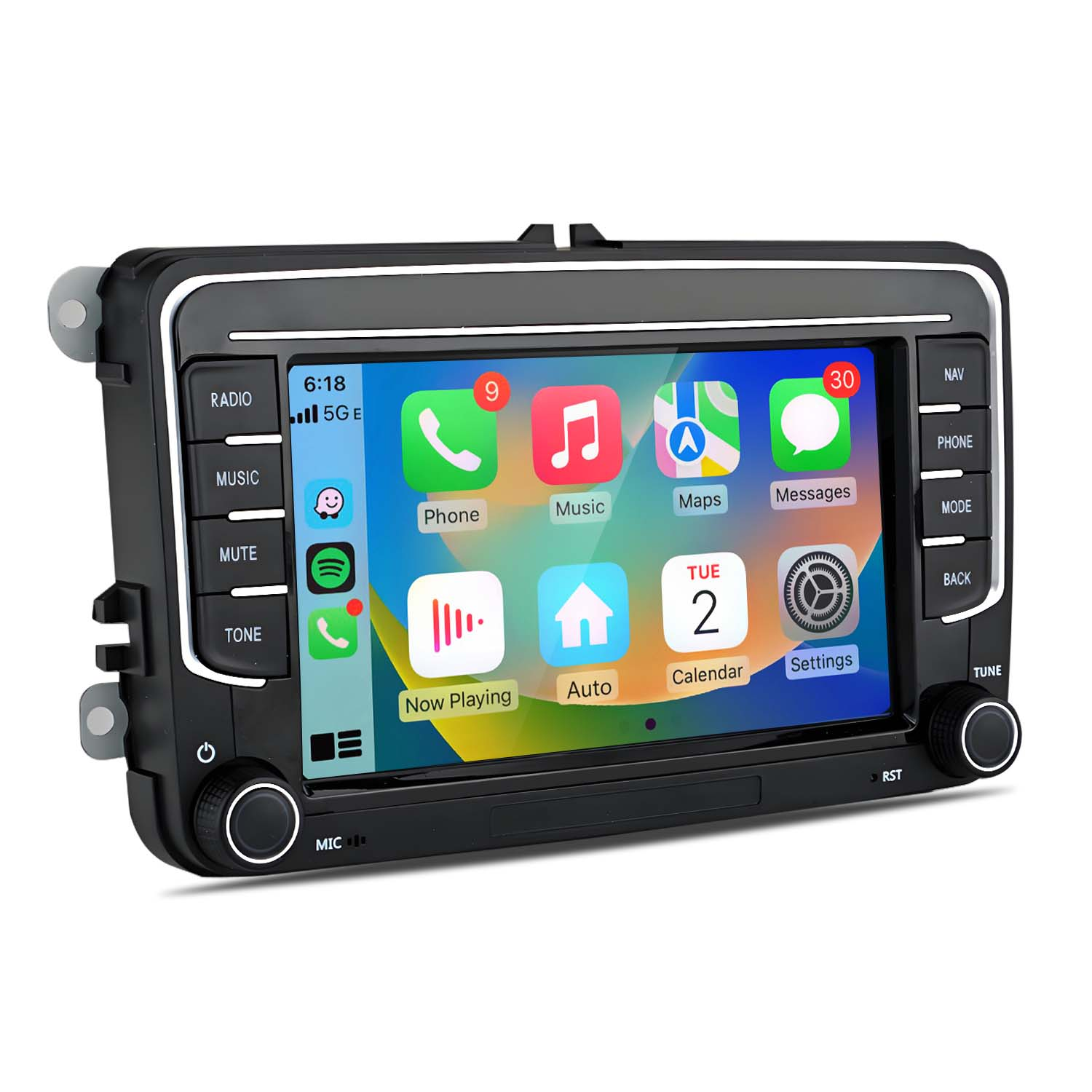 Un touchscreen per autoradio con icone di app e pulsanti di controllo.