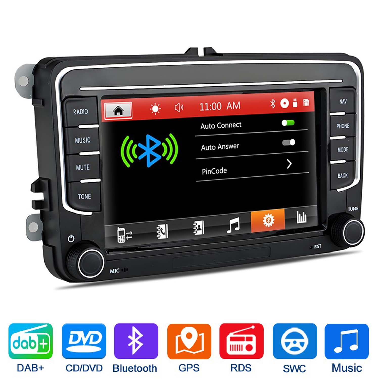 Touchscreen autoradio con opzioni di menu e icone sotto.