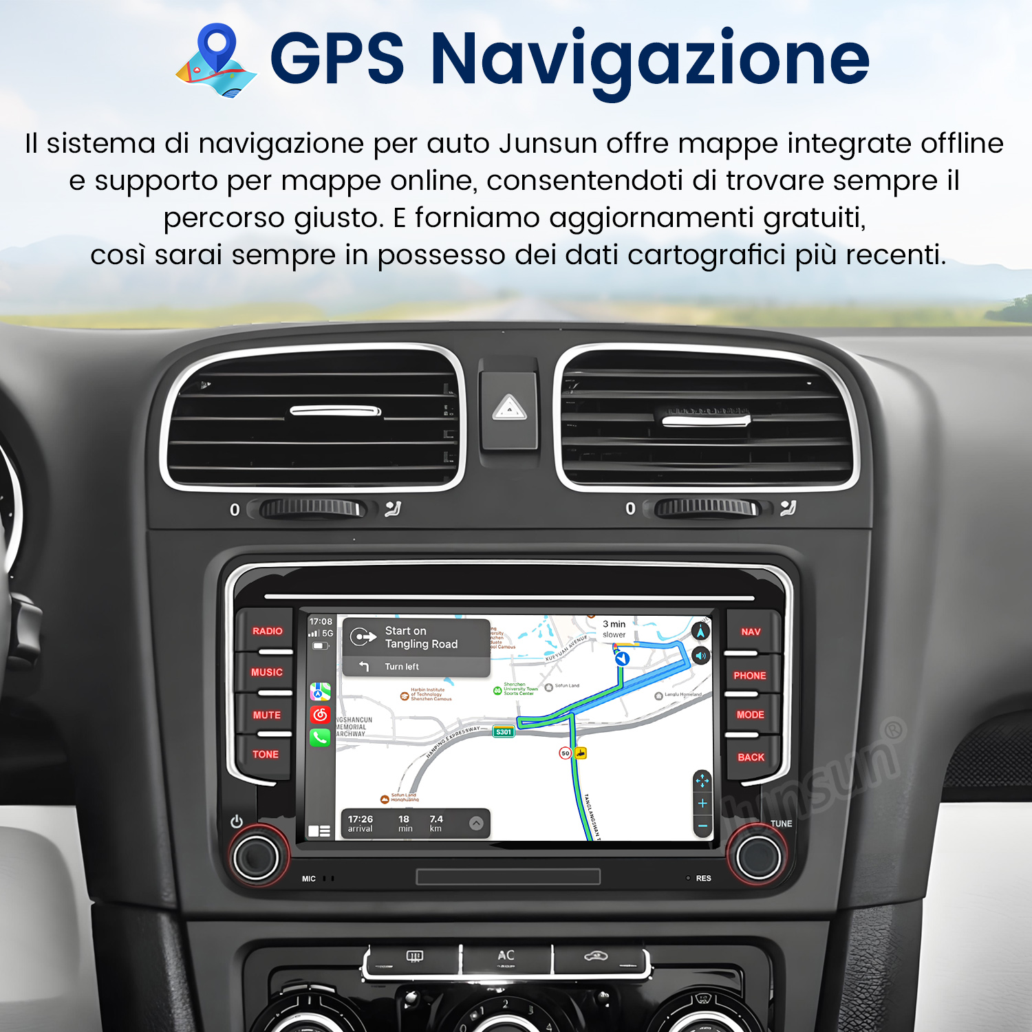 Cruscotto auto con sistema di navigazione GPS che mostra un percorso.