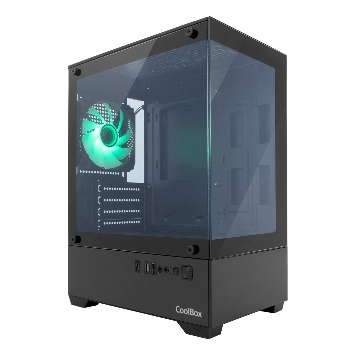 Case PC nero con finestra in vetro e ventola verde.