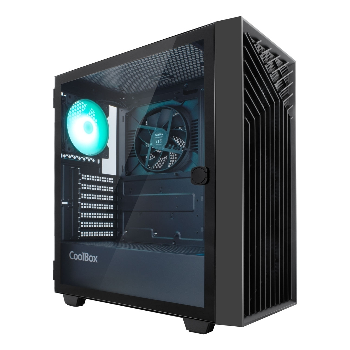 Un case PC nero con finestra in vetro e ventola illuminata.