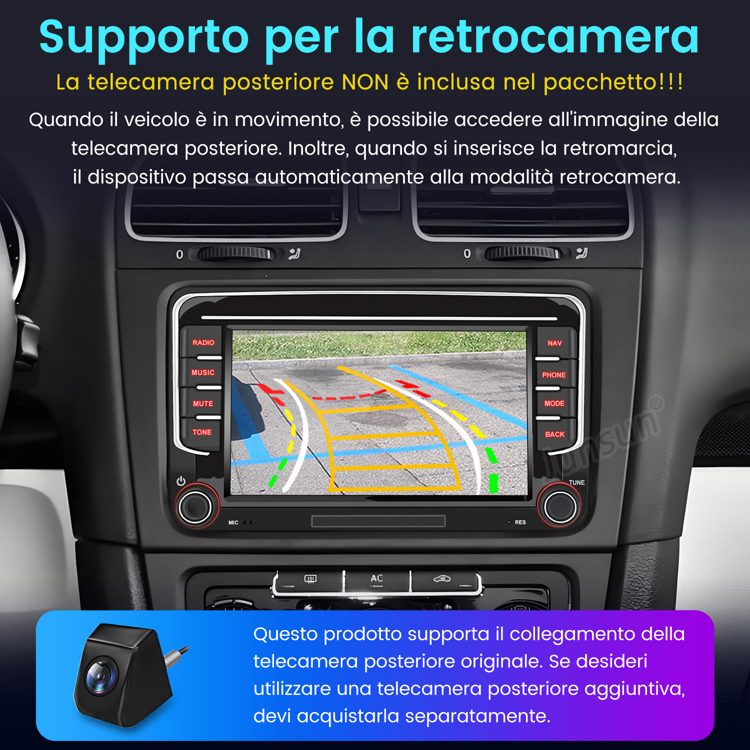Interno auto con display telecamera posteriore e piccola telecamera.