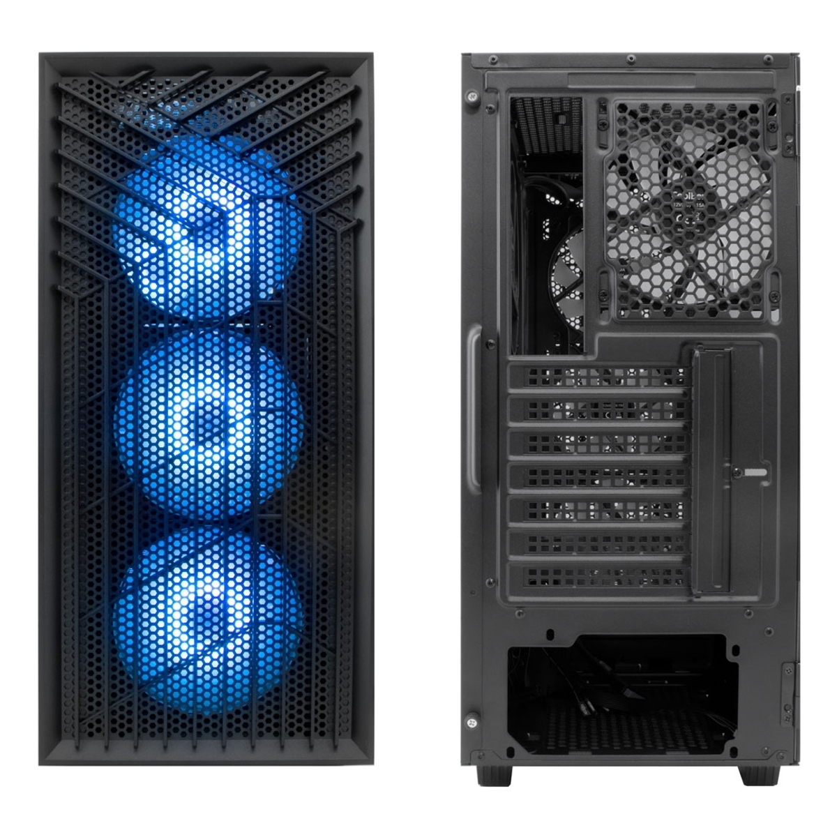 Due viste di un case PC nero: frontale con ventole blu, posteriore aperto.