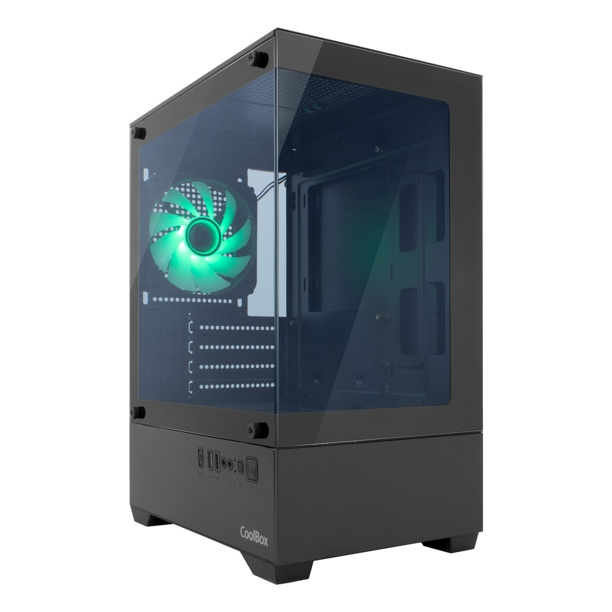 Un case PC nero con ventola illuminata e finestra in vetro.