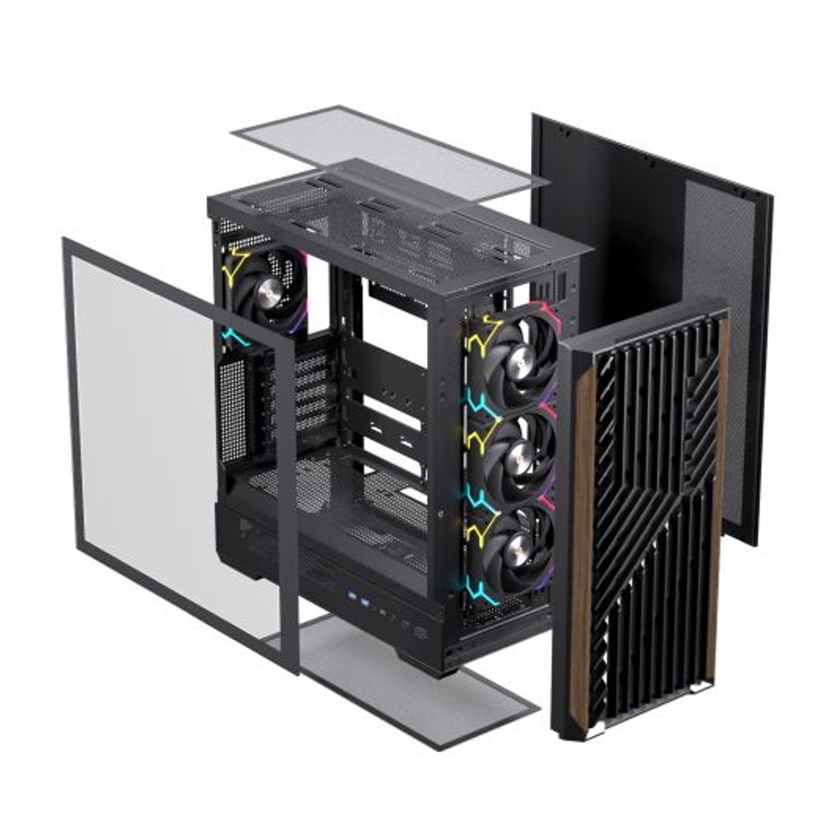 Un case PC nero con frontale in vetro e ventole, smontato.