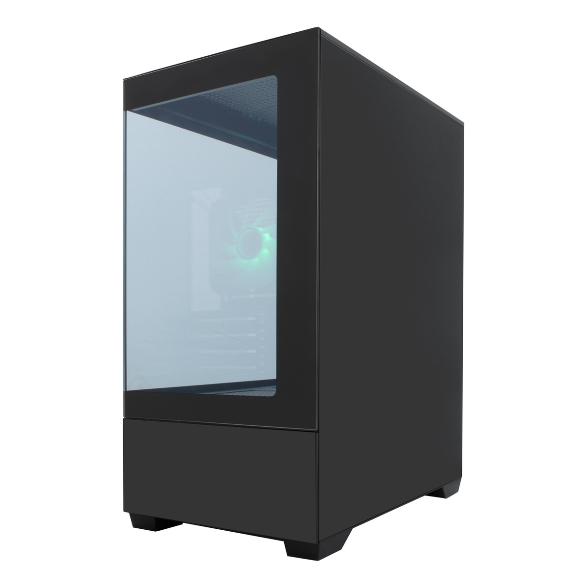 Case del computer nero con finestra in vetro e illuminazione ventola verde.