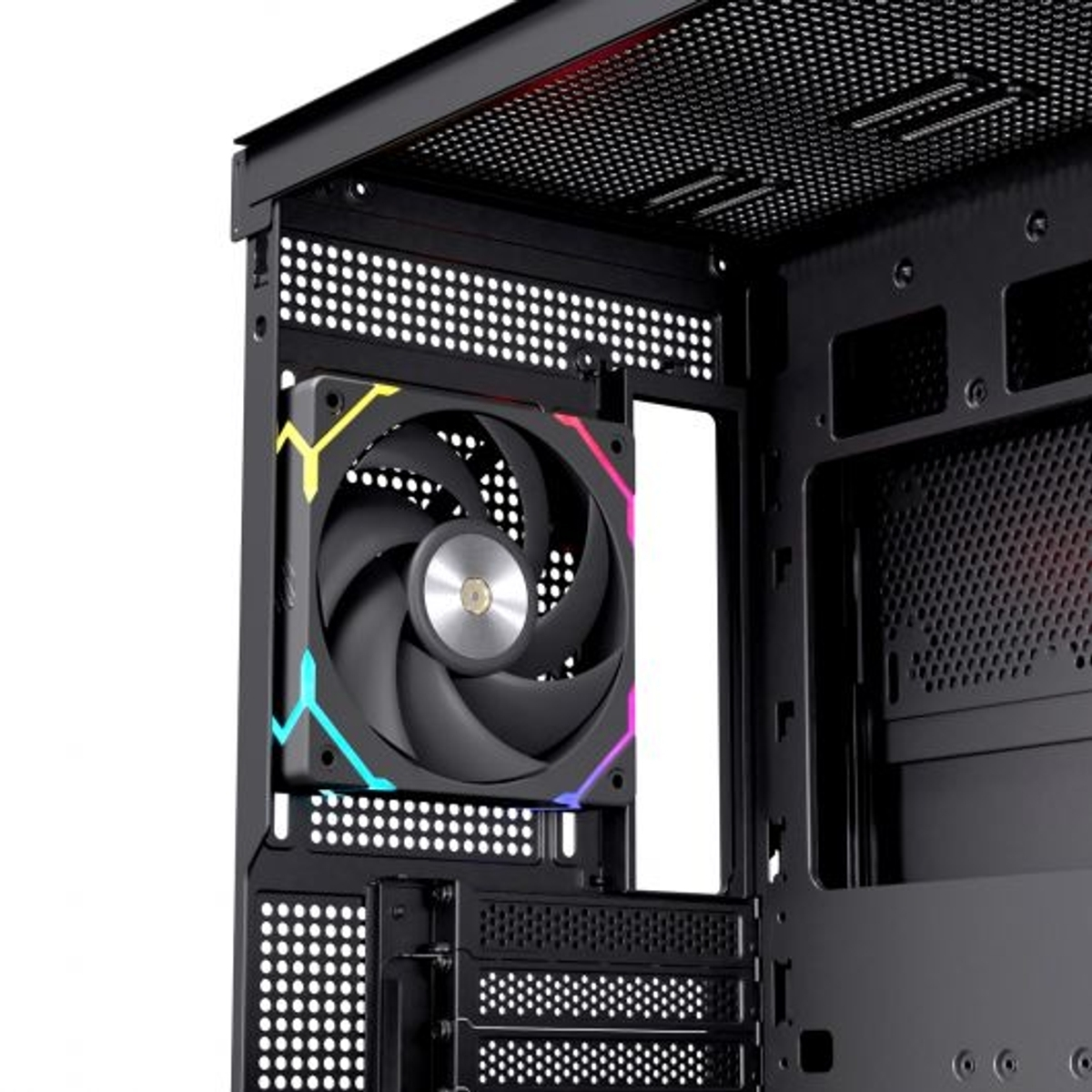 Una ventola PC nera con LED RGB colorati, montata all'interno di un case per computer.