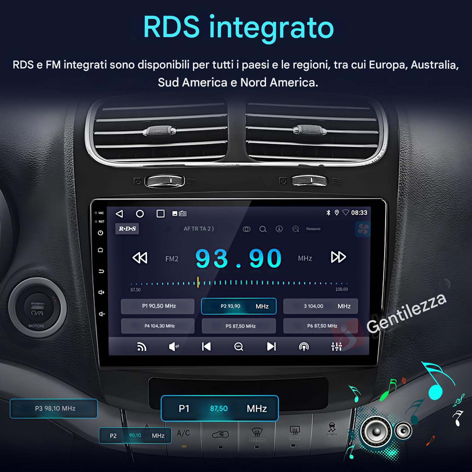 Schermo autoradio mostra FM2 93.90 MHz con stazioni preimpostate.