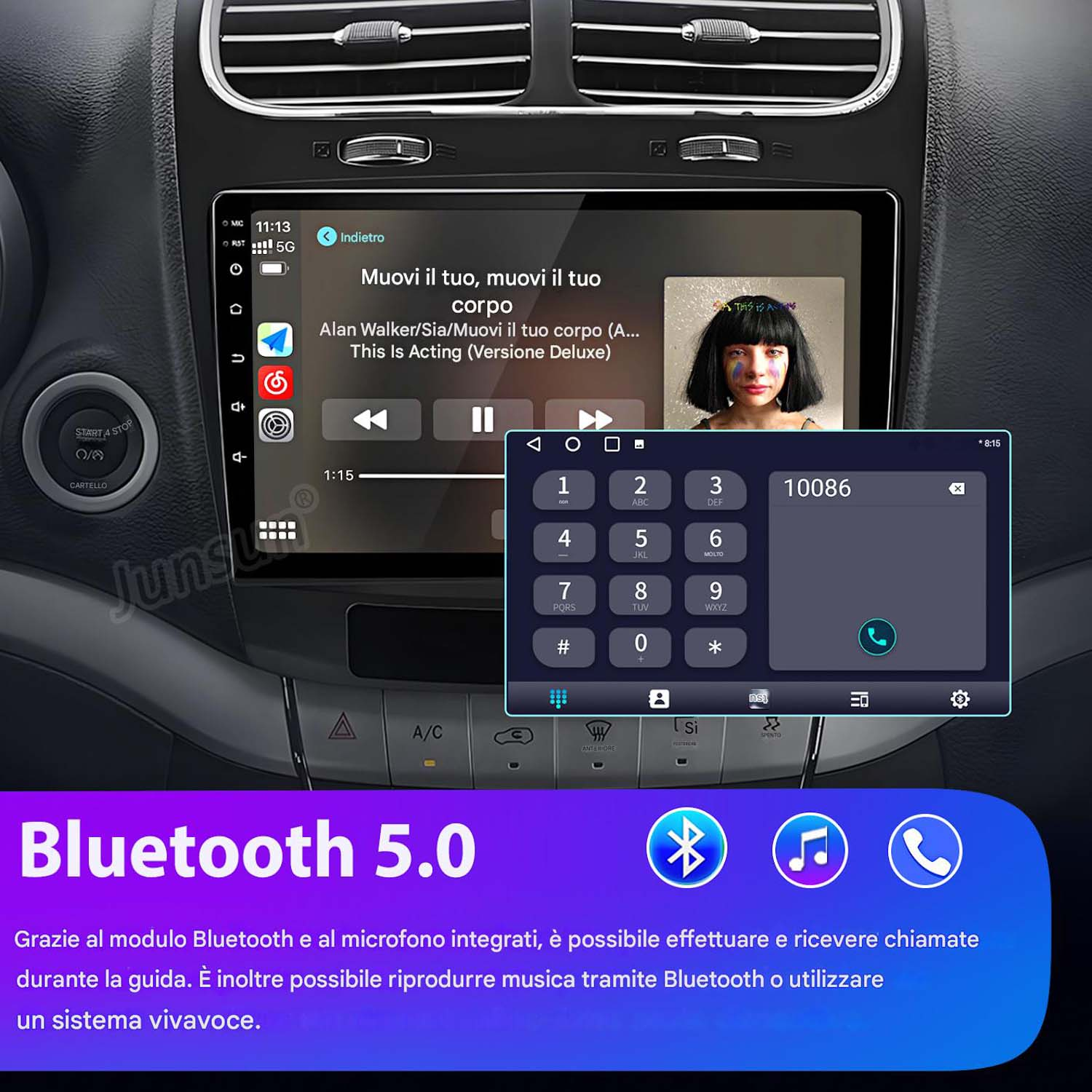 Schermo infotainment auto con lettore musicale, tastierino telefonico e icone Bluetooth 5.0.