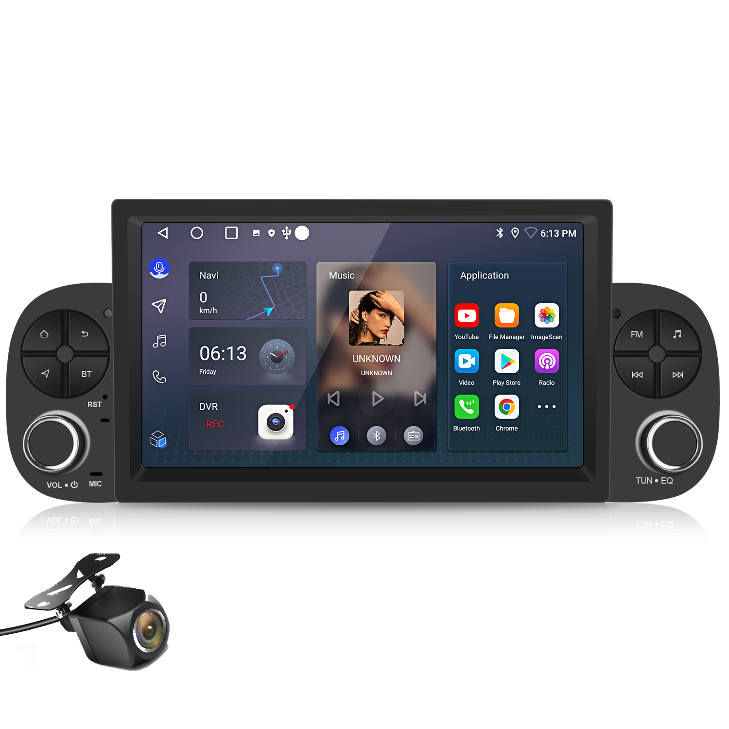 Un touchscreen per autoradio con navigazione, musica, app e telecamera separata.