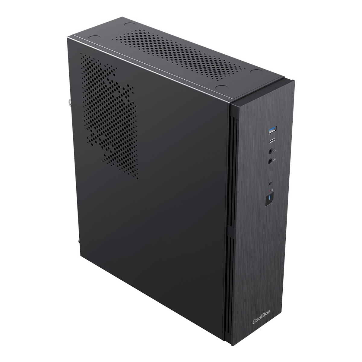 Una torre de ordenador negra con orificios de ventilación. El panel frontal tiene puertos USB y de audio.