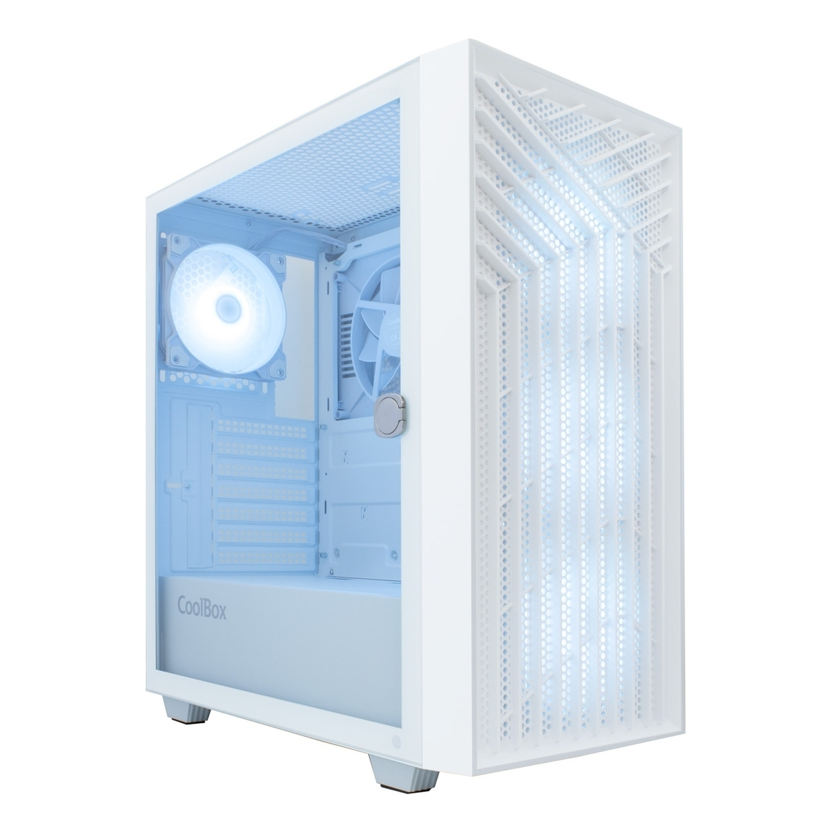 Un case per PC bianco con ventole illuminate di blu e pannello laterale in vetro.