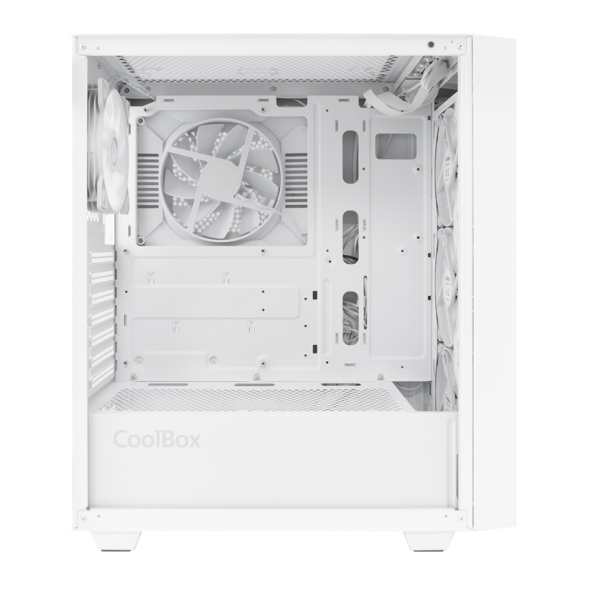 Un case per computer bianco con ventole e cavi. Logo CoolBox visibile.