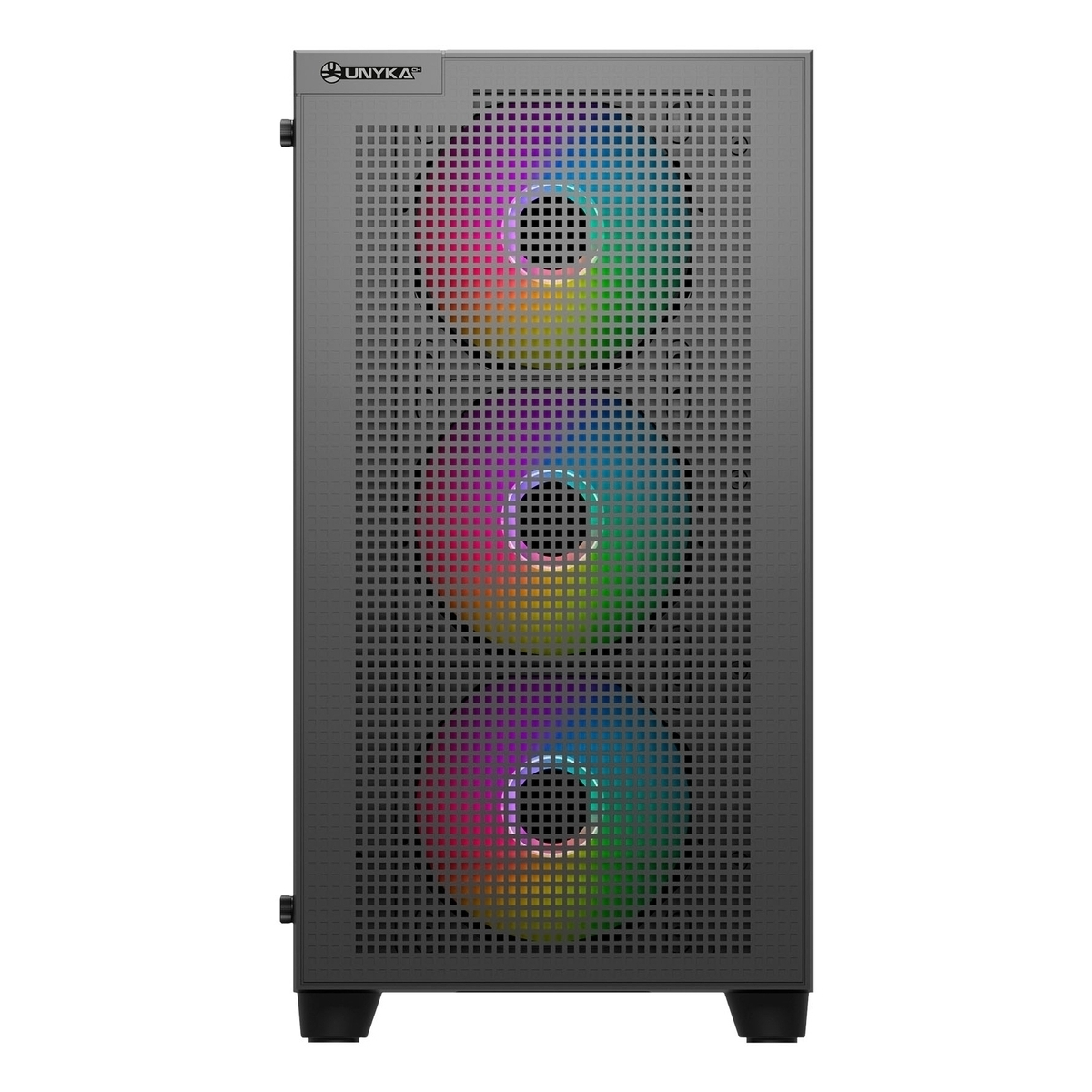 Un case per computer grigio con tre ventole RGB dietro una griglia forata.