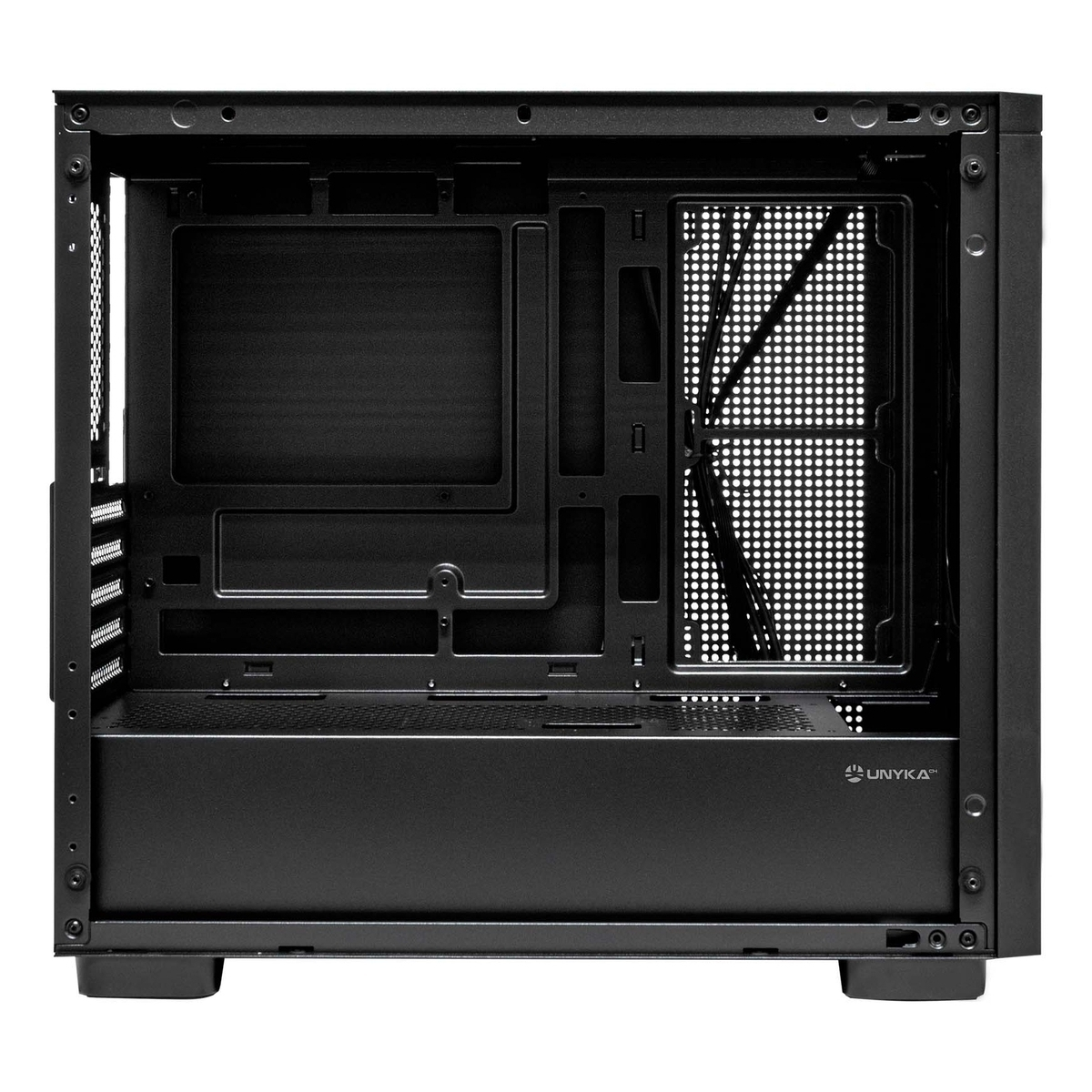 Un case per computer nero con pannello laterale aperto, interno visibile. Prese d'aria.
