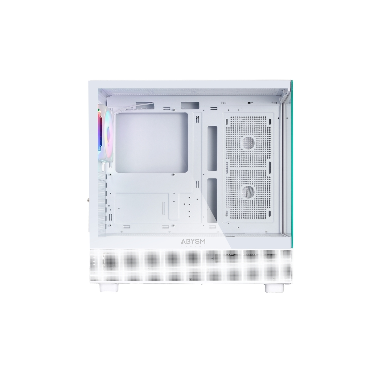 Una caja de PC blanca con ventilador RGB y panel lateral transparente.