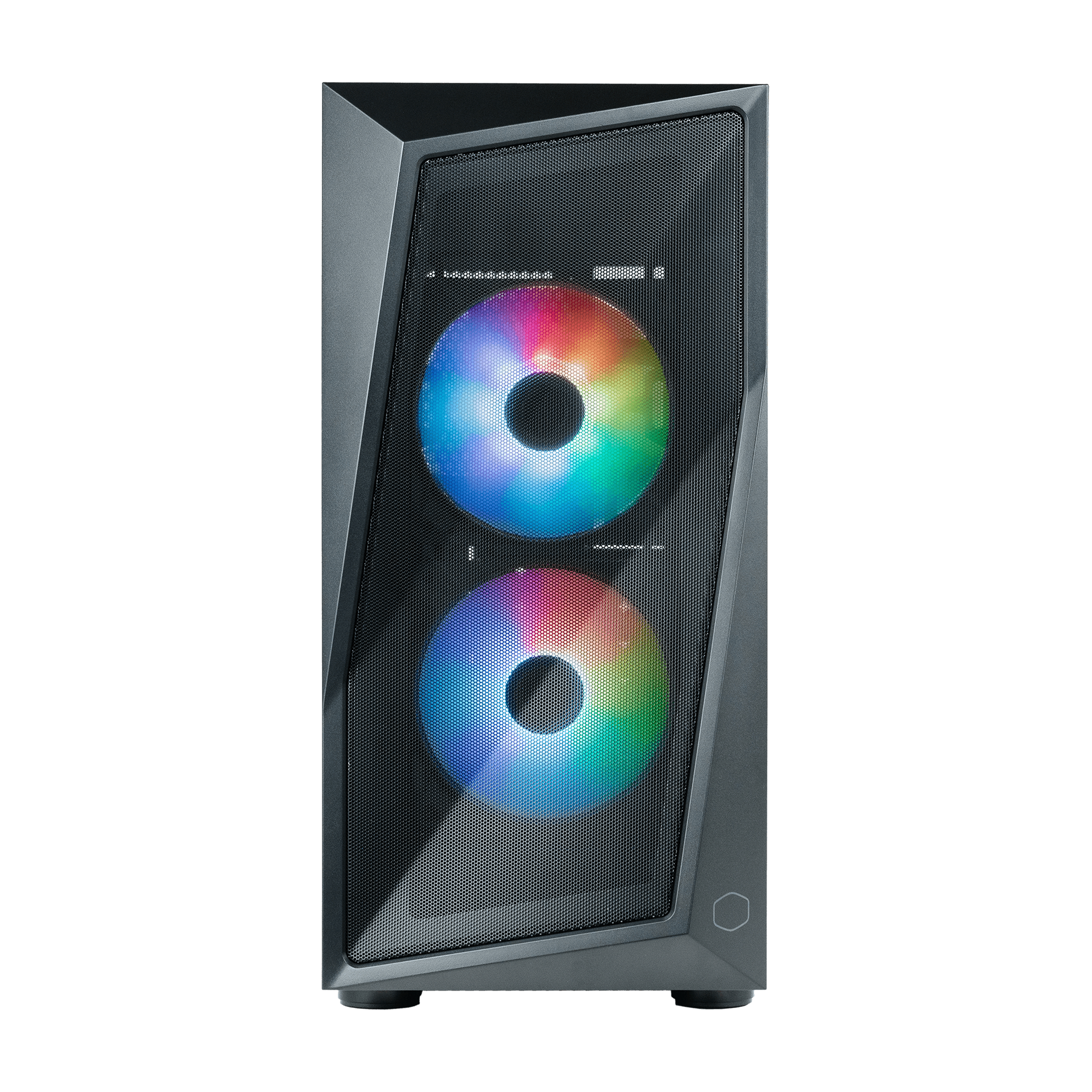 Gray computer tower with two RGB fans and a mesh front.